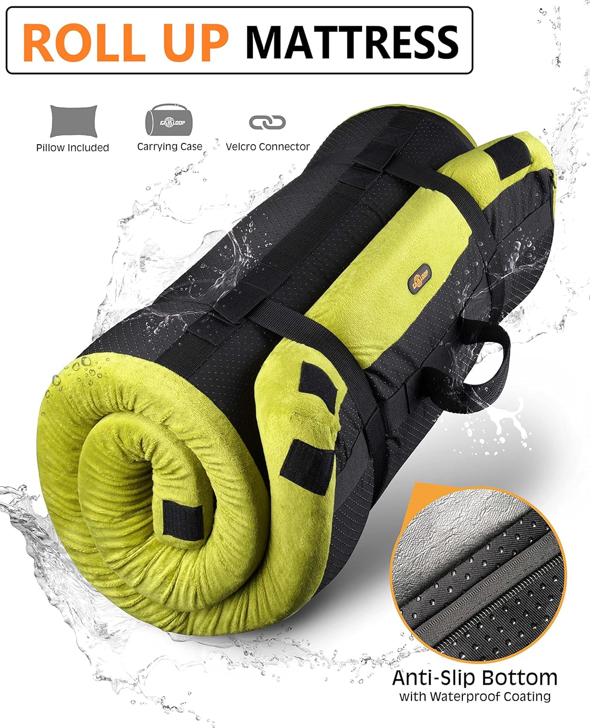 3 Inch Memory Foam Camping Mattress, Dual Layer Thick Sleeping Camp Pad for Car Tent Cot, Roll-Up Portable Glamping Floor Bed for Guests Sleepover