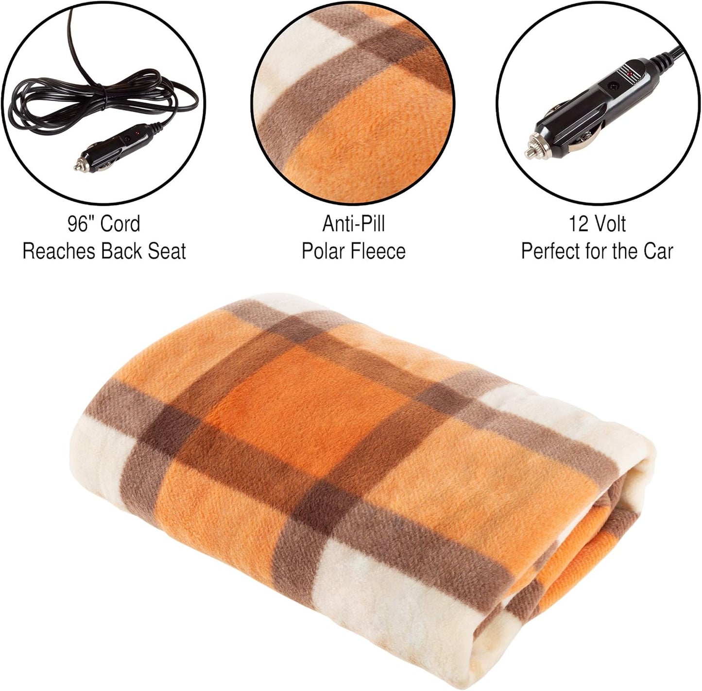 Heated Blanket - 12-Volt Electric Blanket for Car, Truck, SUV or RV - Portable Winter Car Accessories for Camping or Travel by  (Orange Plaid)