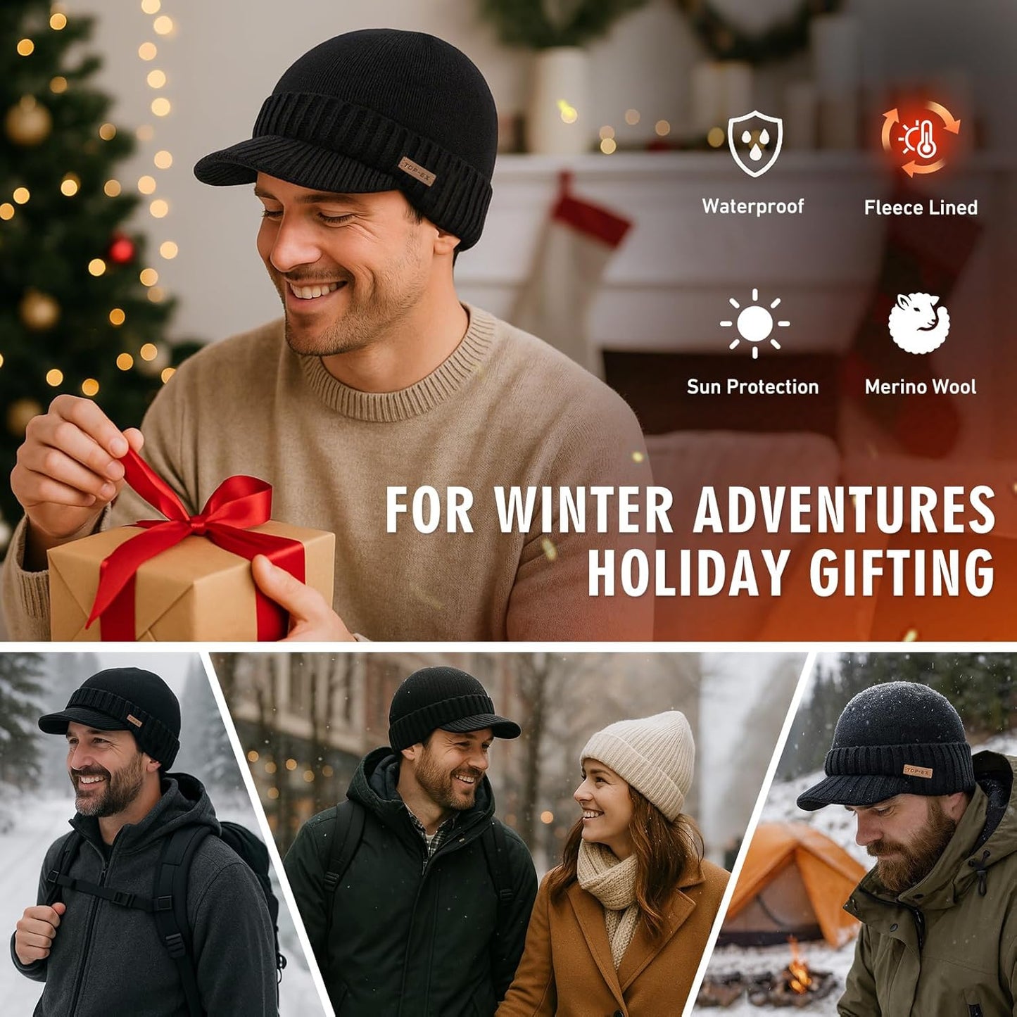 Dryknit™ Waterproof M/L XL/XXL Fleece Lined Beanie with Brim, Merino Wool Warm Cold Weather Visor Cap