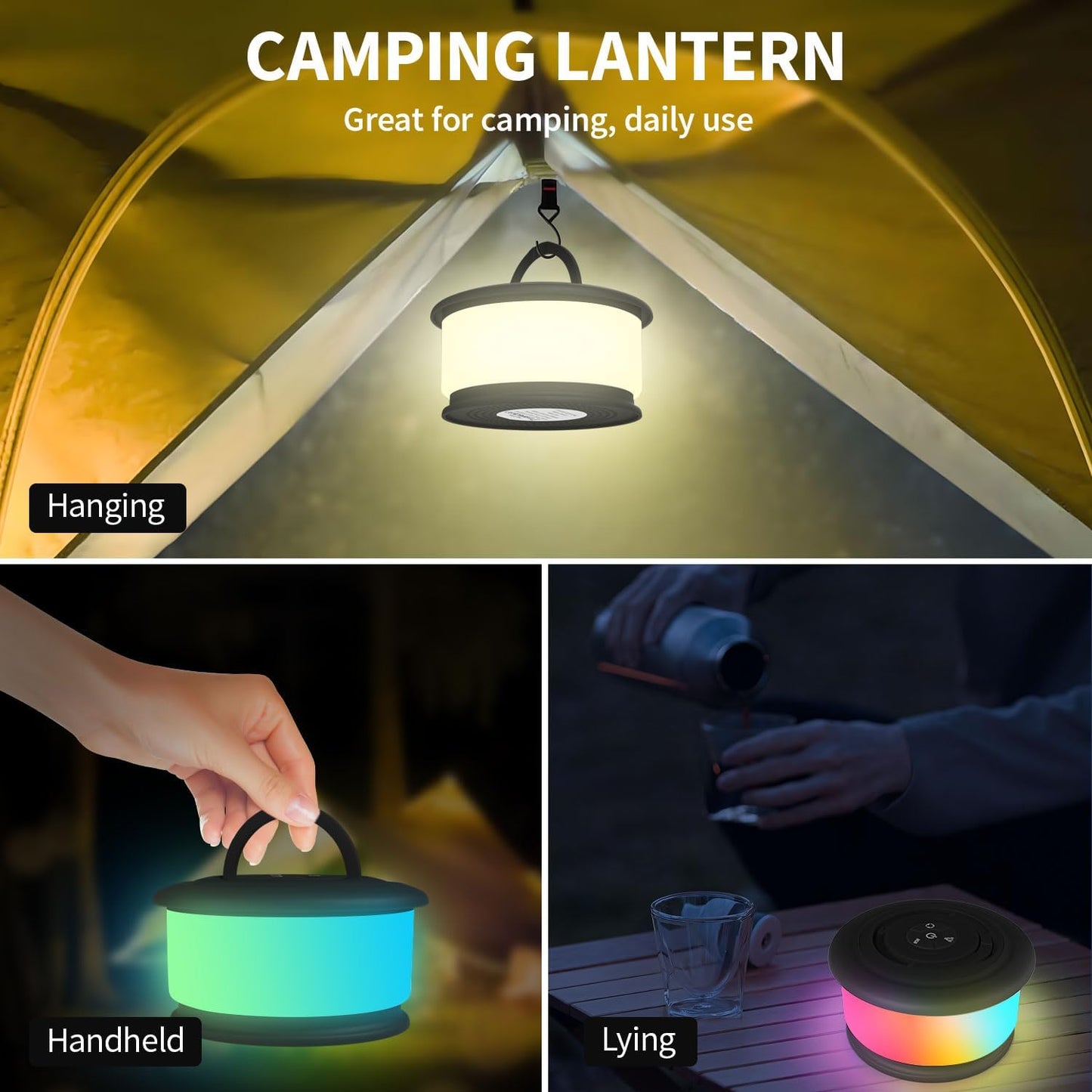 Camping String Lights,2 in 1 Upgraded 32.8FT Rechargeable Tent Lights String with 19 Lighting Modes,Quick Storage Camping Lights，Portable LED Lamp for Bedroom Yard Decor Christmas Camping(Black)