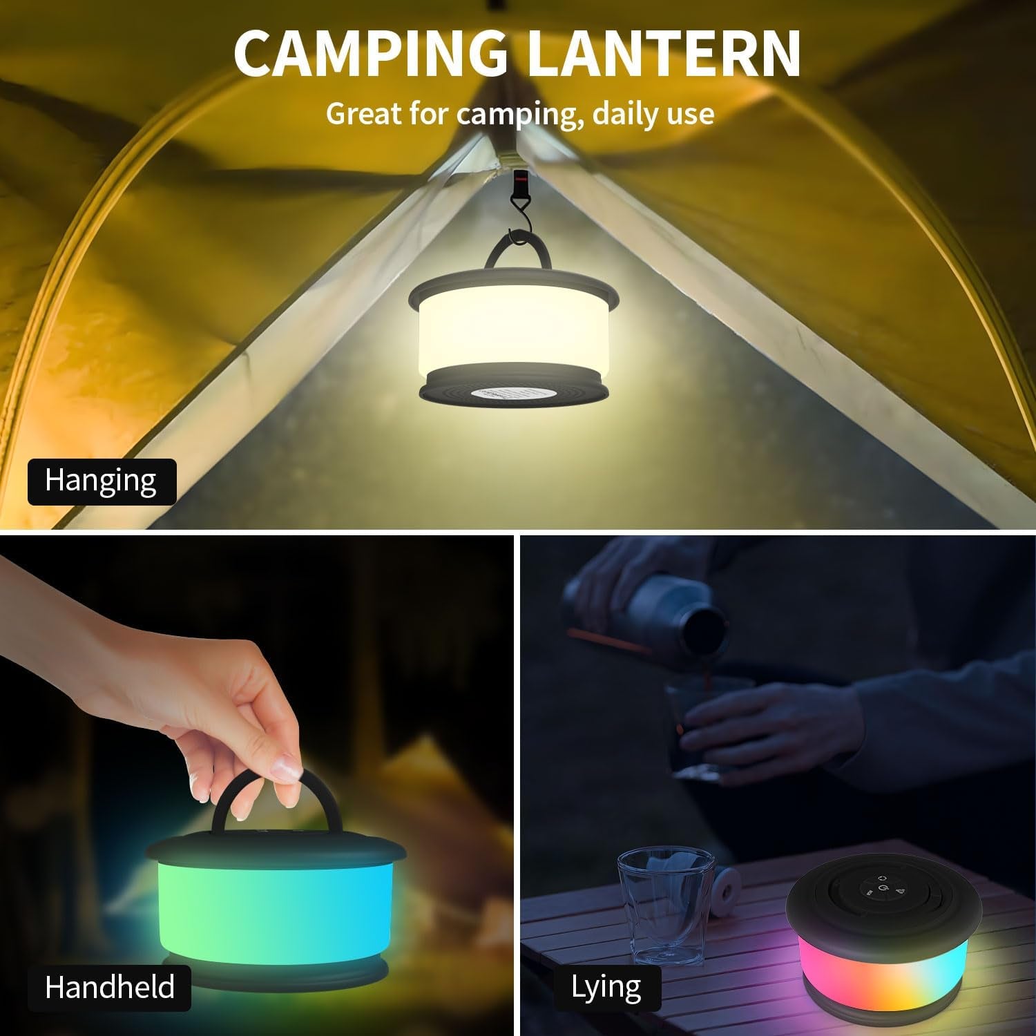 Camping String Lights,2 in 1 Upgraded 32.8FT Rechargeable Tent Lights String with 19 Lighting Modes,Quick Storage Camping Lights，Portable LED Lamp for Bedroom Yard Decor Christmas Camping(Black)