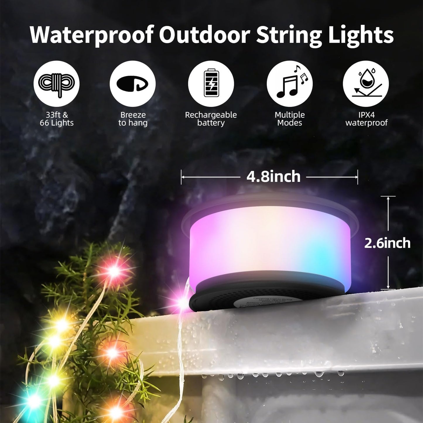 Camping String Lights,2 in 1 Upgraded 32.8FT Rechargeable Tent Lights String with 19 Lighting Modes,Quick Storage Camping Lights，Portable LED Lamp for Bedroom Yard Decor Christmas Camping(Black)