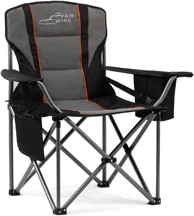 Oversized Fully Padded Camping Chair for Heavy People with Lumbar Support, Heavy Duty Quad Fold Chair with Cooler Bag, Support 450 LBS, Black