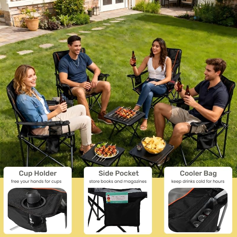 Oversized Fully Padded Camping Chair for Heavy People with Lumbar Support, Heavy Duty Quad Fold Chair with Cooler Bag, Support 450 LBS, Black