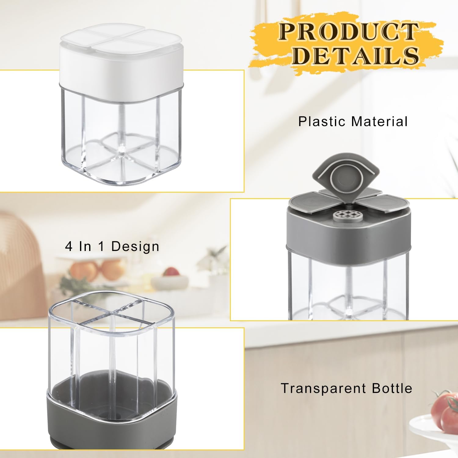 6 Pcs Plastic Salt Pepper Shaker 4 in 1 Spice Container Transparent Seasoning Shaker Dispenser Jar for Home Restaurant Kitchen Cooking Steak BBQ Camping Travel