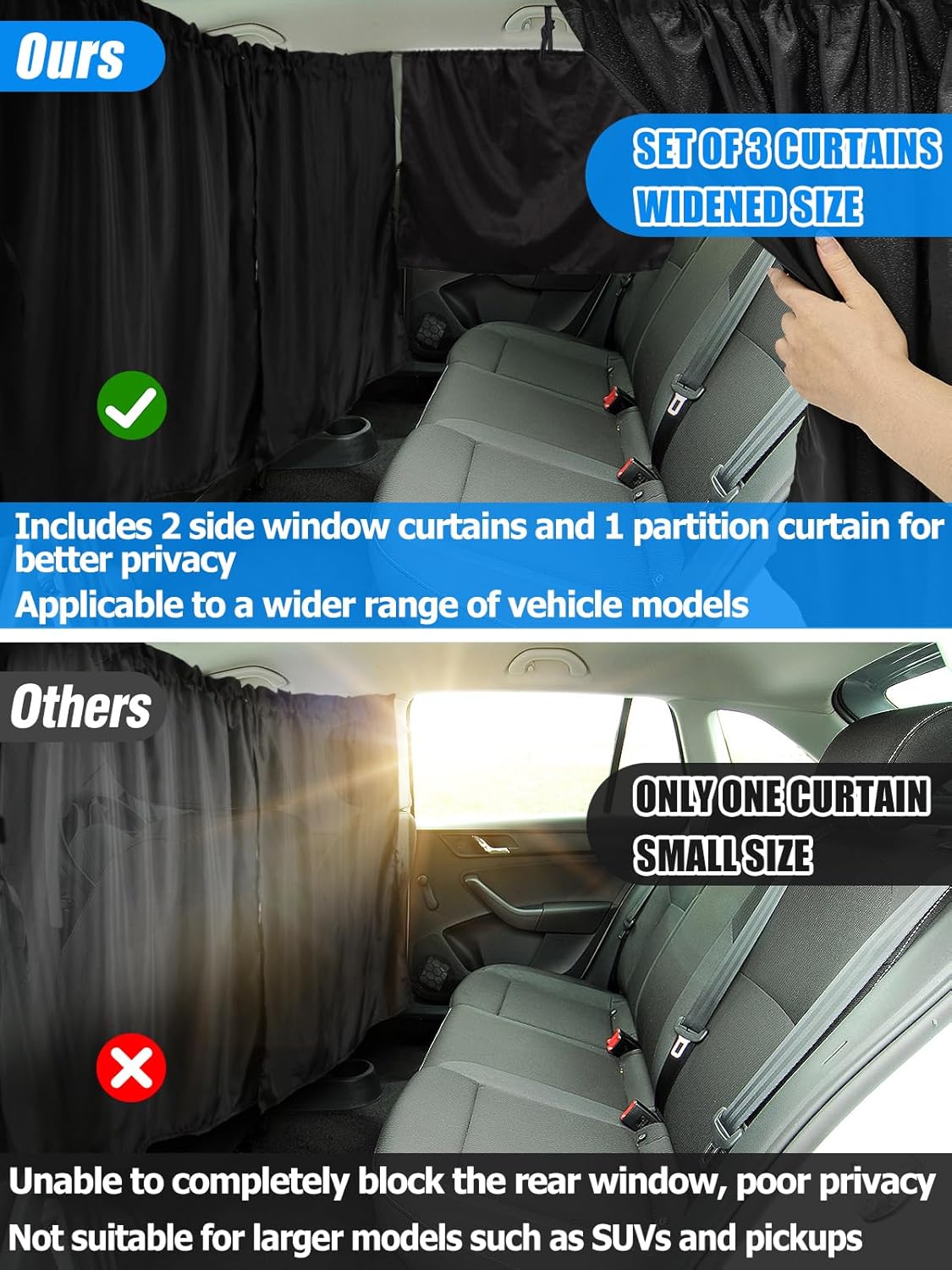 Set of 3 Car Window Shades - 95% Light Blocking Sunshades, 1 Privacy Divider Curtains & 2 Side Window Covers, Wide Sedan SUV Accessories for Kids Baby Travel Camping Nap Sleeping