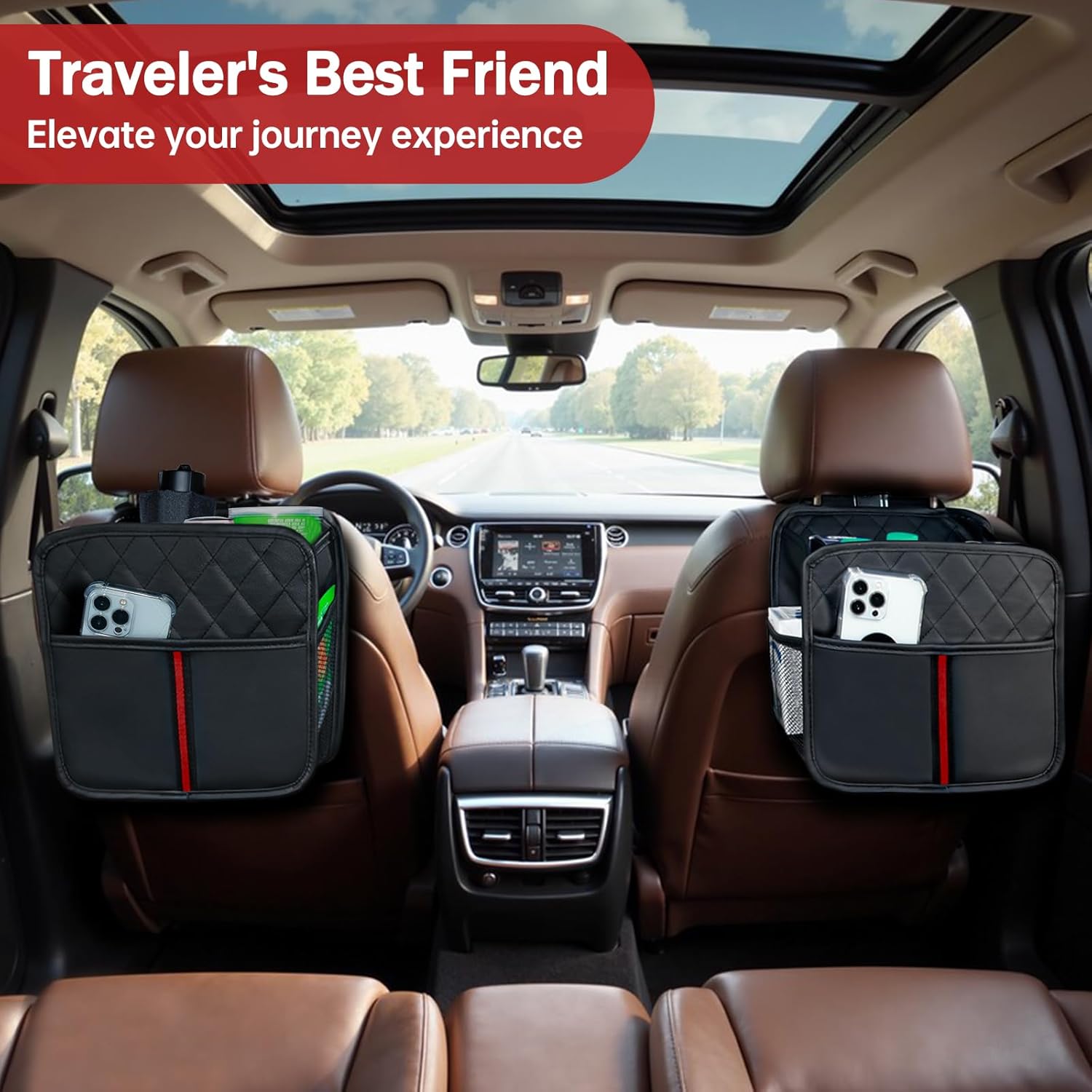 Car Seat Back Organizer with Storage Pockets, 2 Pack Multi Hanging Car Seat Organizer Backseat Car Organizer, Leather Backseat Car Organizer for Kids & Adults with Cup Holders Car Travel Accessories