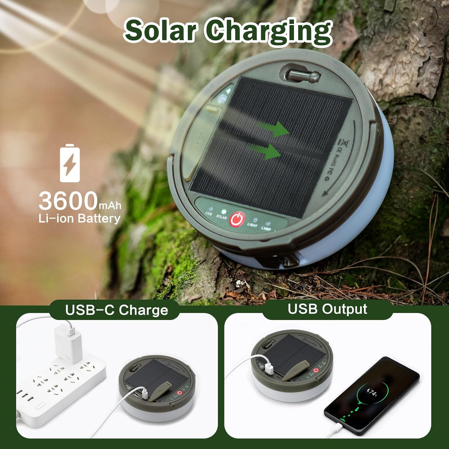 Solar Camping String Lights, 4 in 1 Camping String Lights Outdoor(39.4Ft) with 8 Lighting Modes, Solar Powered and USB Rechargeable Light with Remote Control for Camping, Yard and Hiking