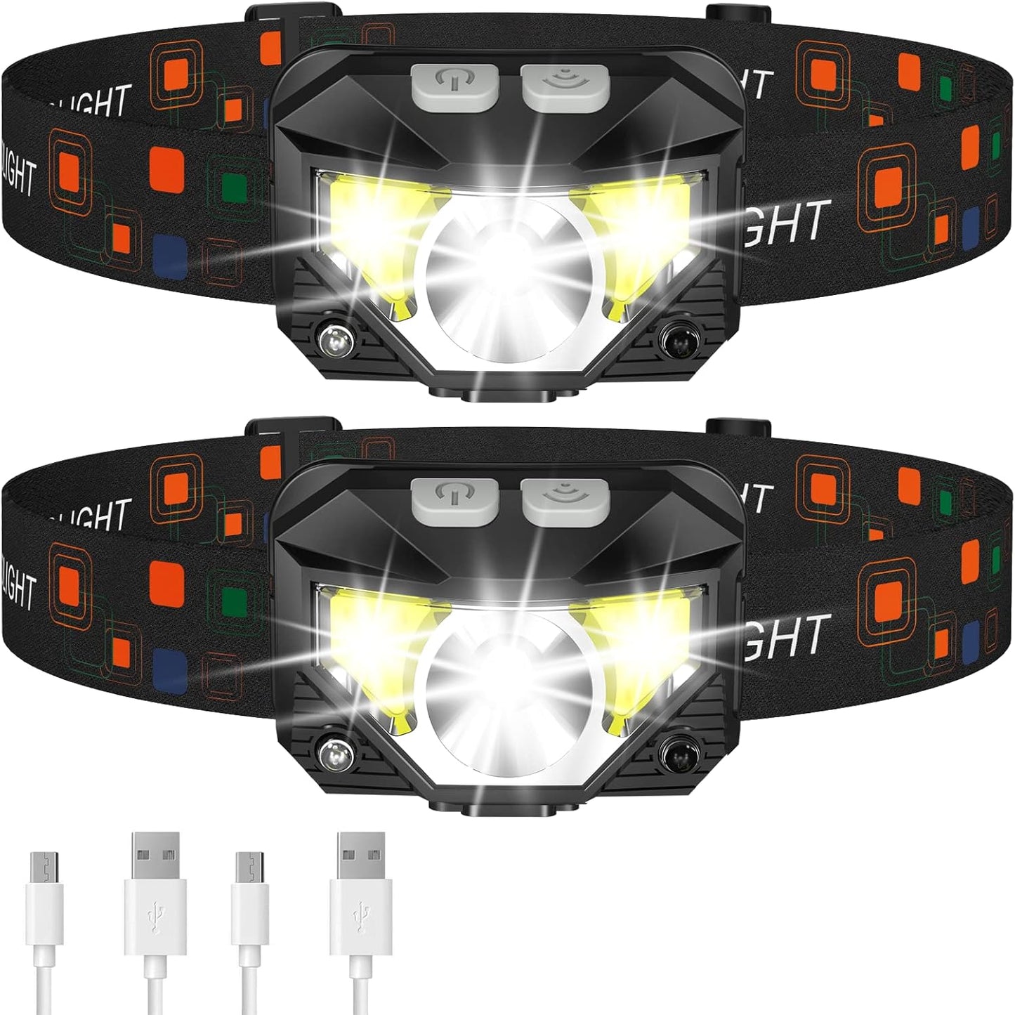 Headlamp Flashlight, Lumen Ultra-Light Bright LED Rechargeable Headlight with White Red Light, 2-Pack Waterproof Motion Sensor Head Lamp,8 Modes for Outdoor Camping Running Hiking Fishing