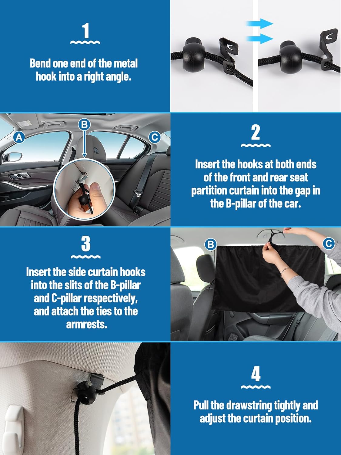 Set of 3 Car Window Shades - 95% Light Blocking Sunshades, 1 Privacy Divider Curtains & 2 Side Window Covers, Wide Sedan SUV Accessories for Kids Baby Travel Camping Nap Sleeping