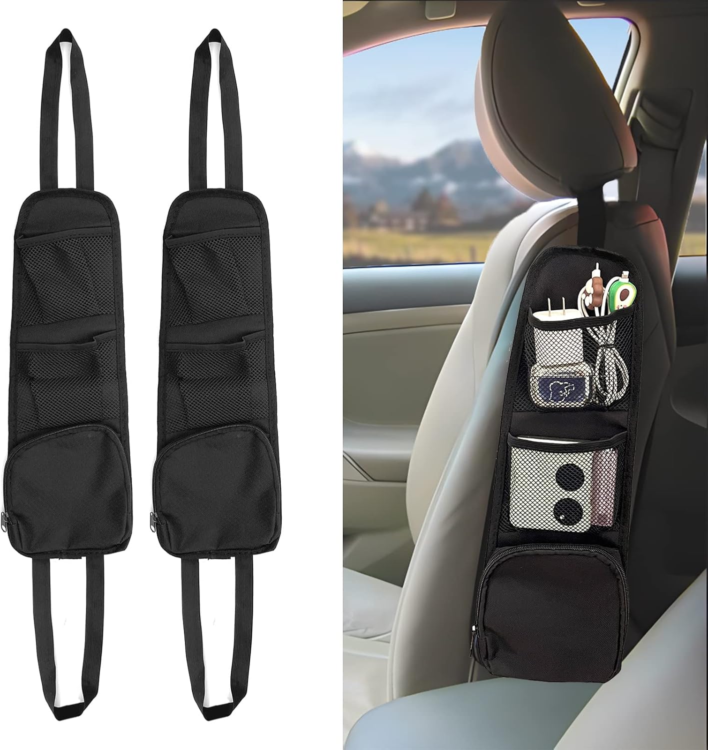 2PCS Car Seat Storage Hanging Bag, Multi-Pocket Seat Side Organizer, Multifunctional Mesh Net Pocket, Can Hold Mobile Phone, Wallet, Glasses, Suitable for Cars, Suvs, Trucks