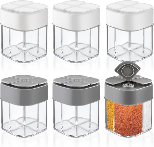 6 Pcs Plastic Salt Pepper Shaker 4 in 1 Spice Container Transparent Seasoning Shaker Dispenser Jar for Home Restaurant Kitchen Cooking Steak BBQ Camping Travel
