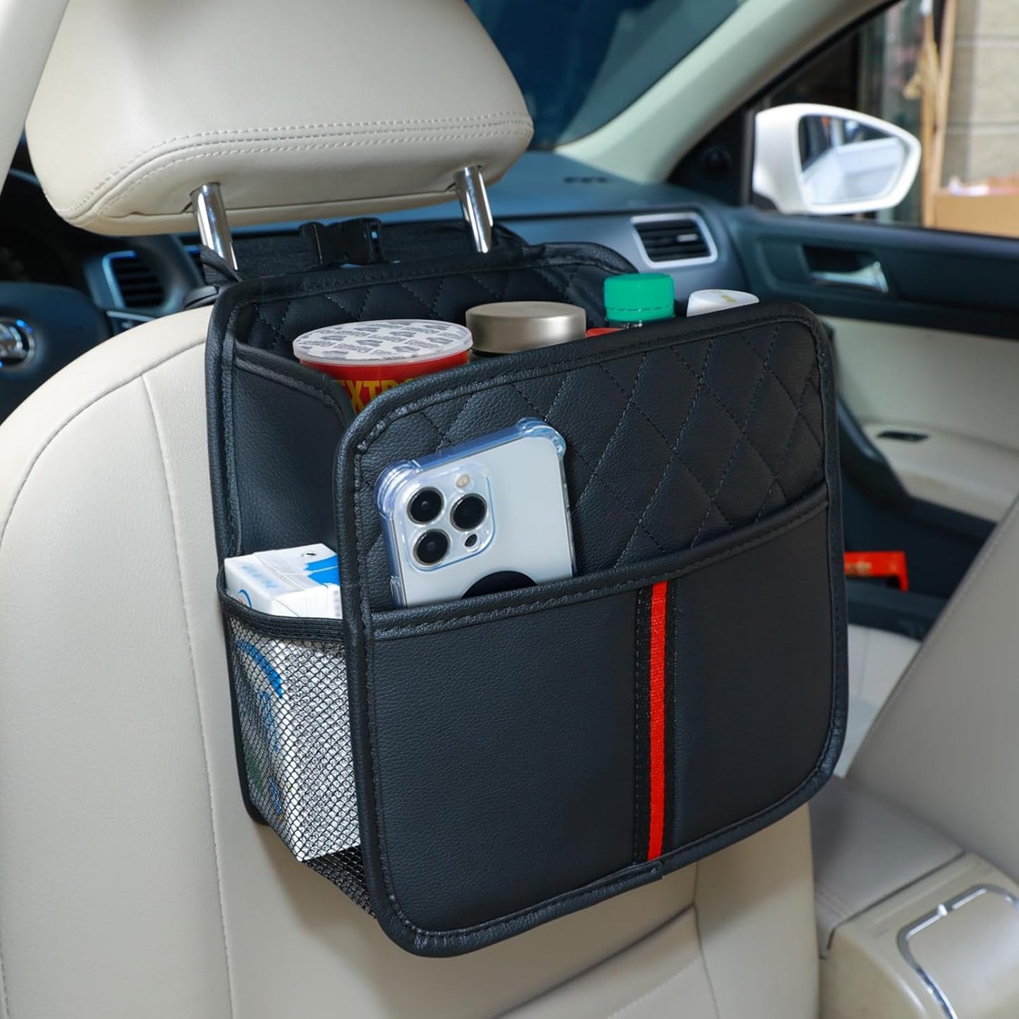 Car Seat Back Organizer with Storage Pockets, 2 Pack Multi Hanging Car Seat Organizer Backseat Car Organizer, Leather Backseat Car Organizer for Kids & Adults with Cup Holders Car Travel Accessories