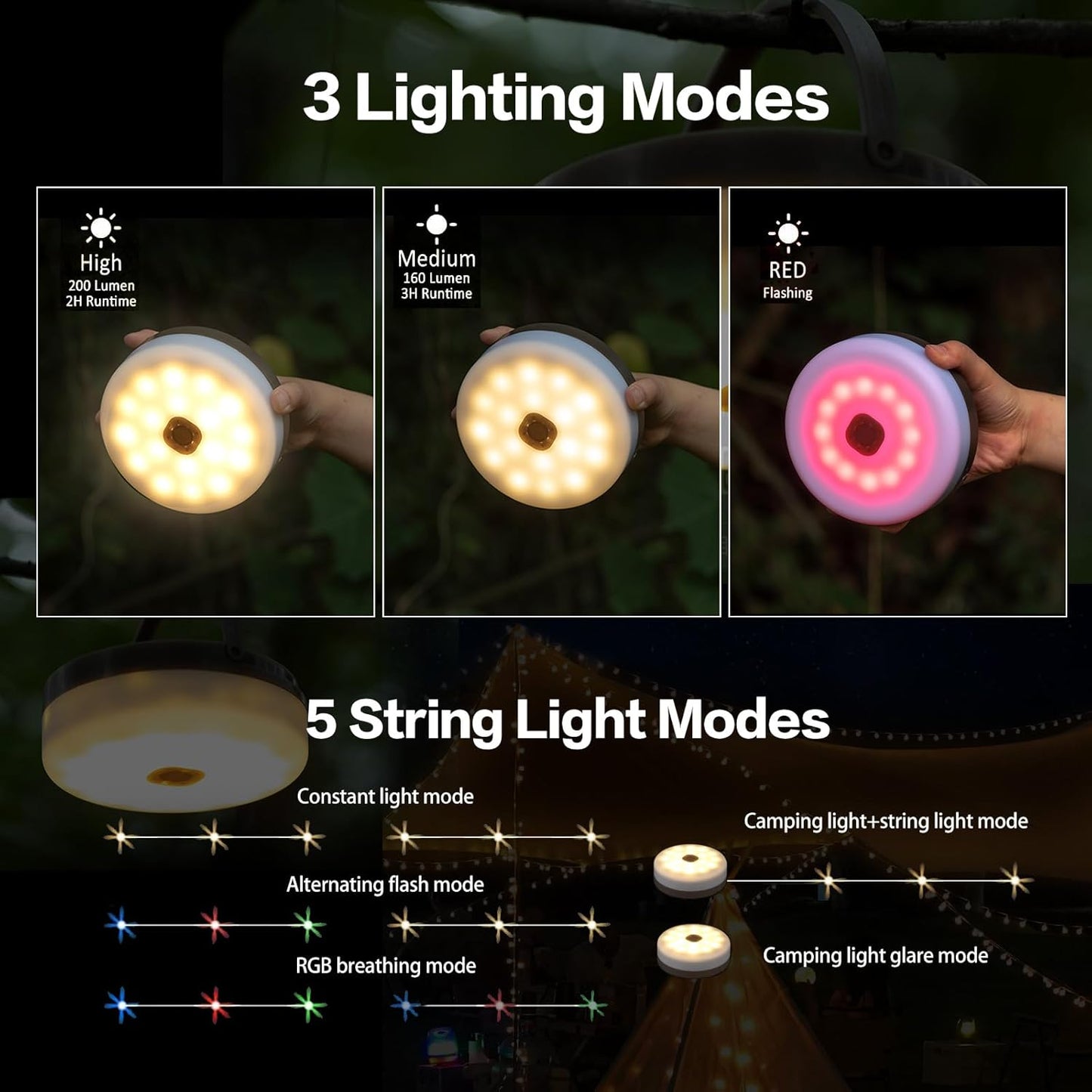 Solar Camping String Lights, 4 in 1 Camping String Lights Outdoor(39.4Ft) with 8 Lighting Modes, Solar Powered and USB Rechargeable Light with Remote Control for Camping, Yard and Hiking