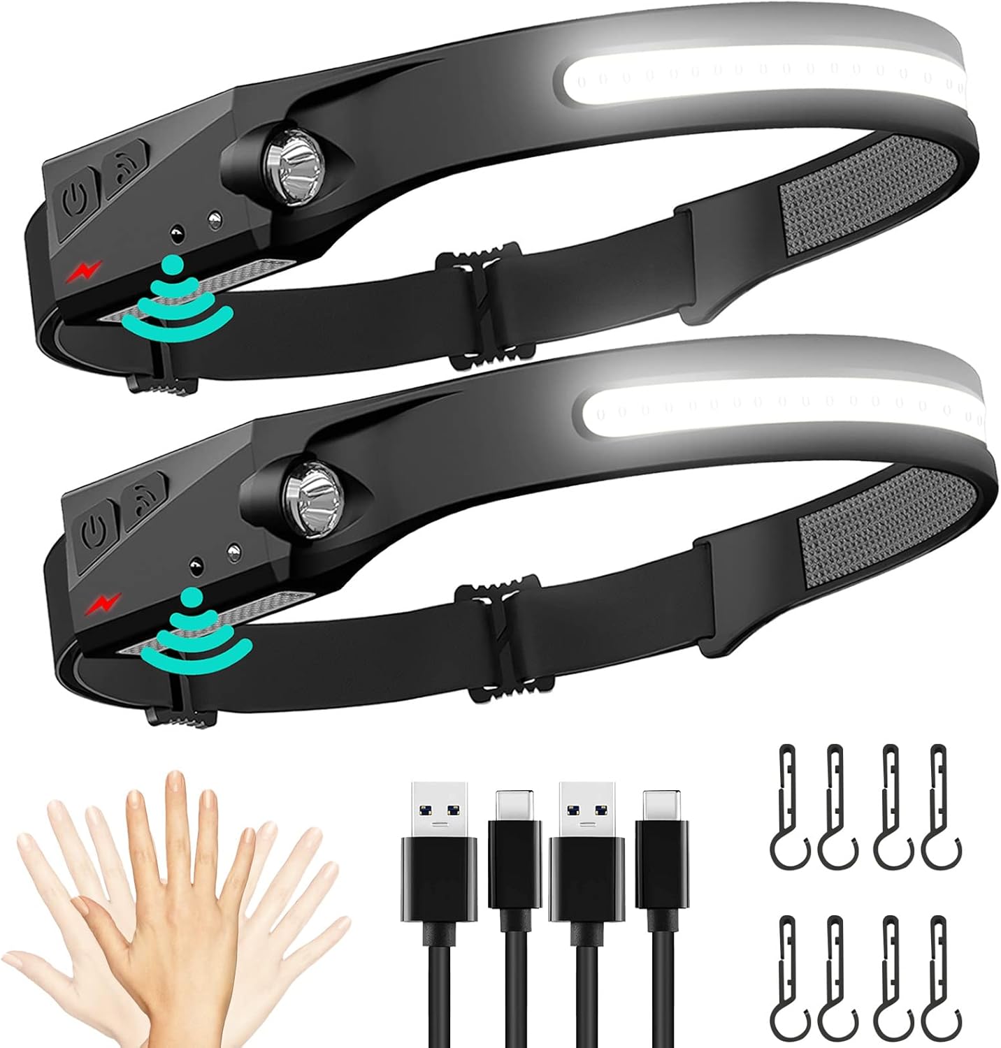 Rechargeable LED Headlamp 2 Pack, 230°Wide Beam Head Lamp with Motion Sensor, Waterproof Lightweight Headlight Flashlight for Camping, Hiking, Running, Outdoor for Adults and Kids