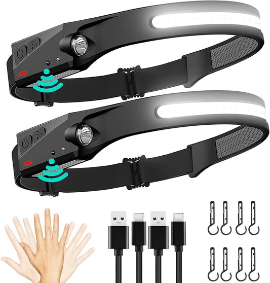 Rechargeable LED Headlamp 2 Pack, 230°Wide Beam Head Lamp with Motion Sensor, Waterproof Lightweight Headlight Flashlight for Camping, Hiking, Running, Outdoor for Adults and Kids