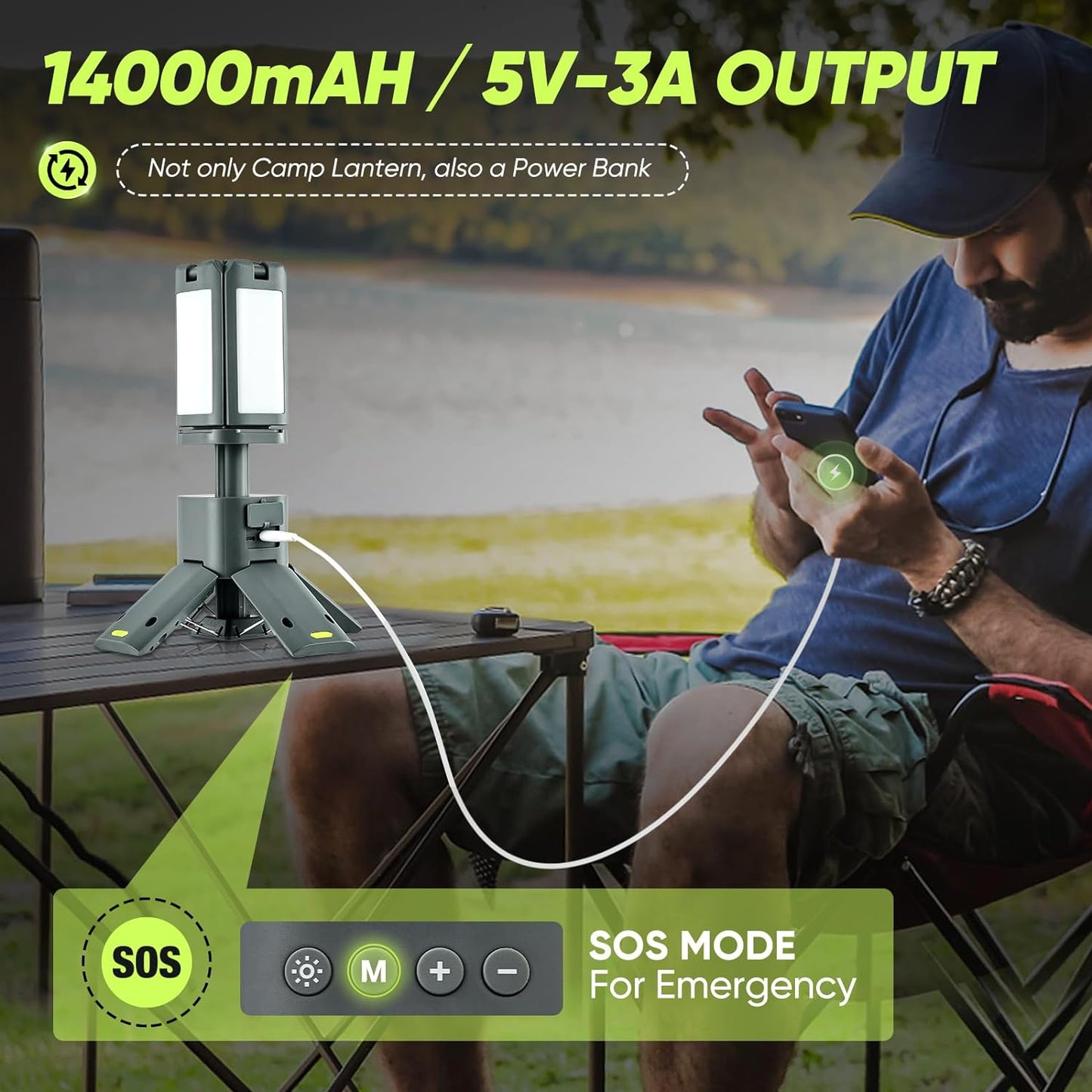 Portable Camping Light, 14000Mah Telescopic Camping Lantern with Rechargeable Power Supply, Dimmable Magnetic Tent Lamps 6000 Lumen Outdoor Work Lights for Hiking,Camping,Home Emergency