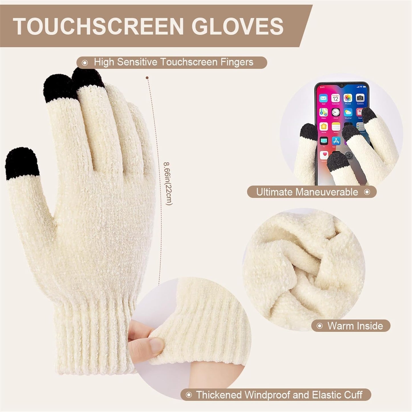 Womens Winter Beanie Hat Scarf Touchscreen Gloves Set Knit Warm Skull Caps Long Neck Scarves for Women Men