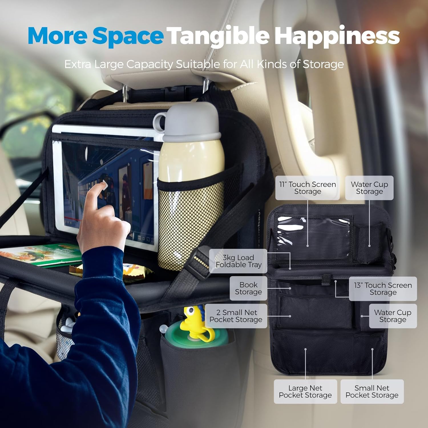 Backseat Car Organizer with Foldable Tray, 9 Pockets, Kick Mat Seat Protector, 18KG Capacity, Waterproof Oxford Fabric for Kids, Family Travel - for Car, SUV, Van (Oxford-2Pck)