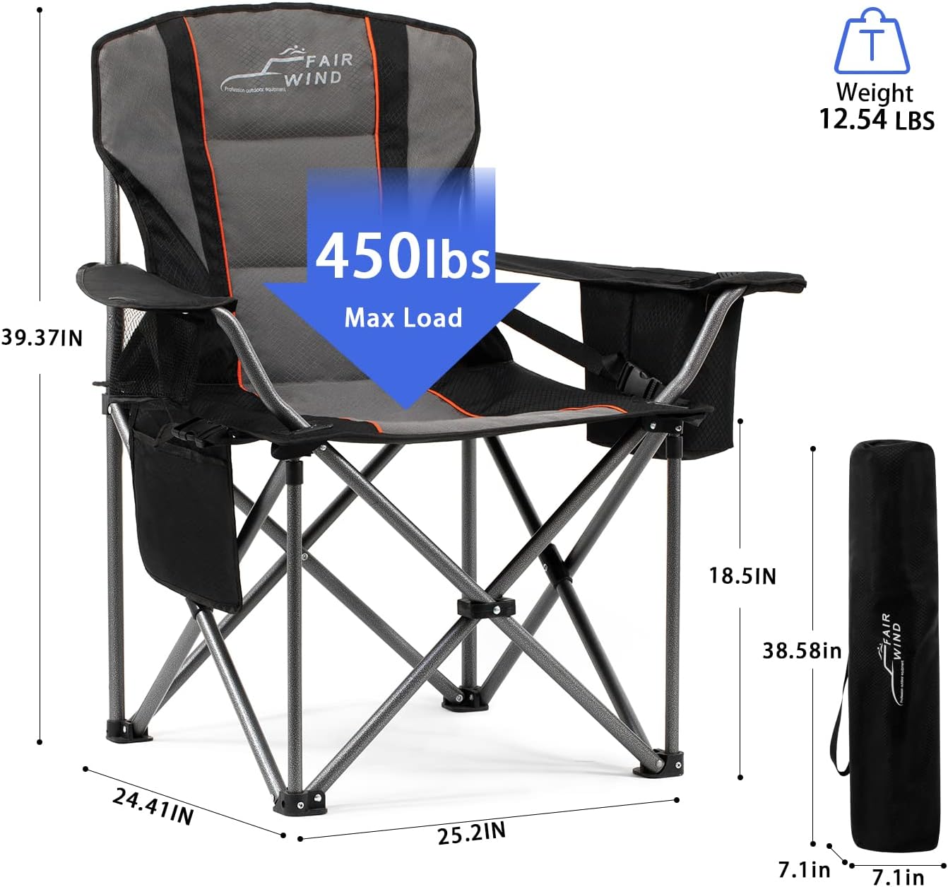 Oversized Fully Padded Camping Chair for Heavy People with Lumbar Support, Heavy Duty Quad Fold Chair with Cooler Bag, Support 450 LBS, Black