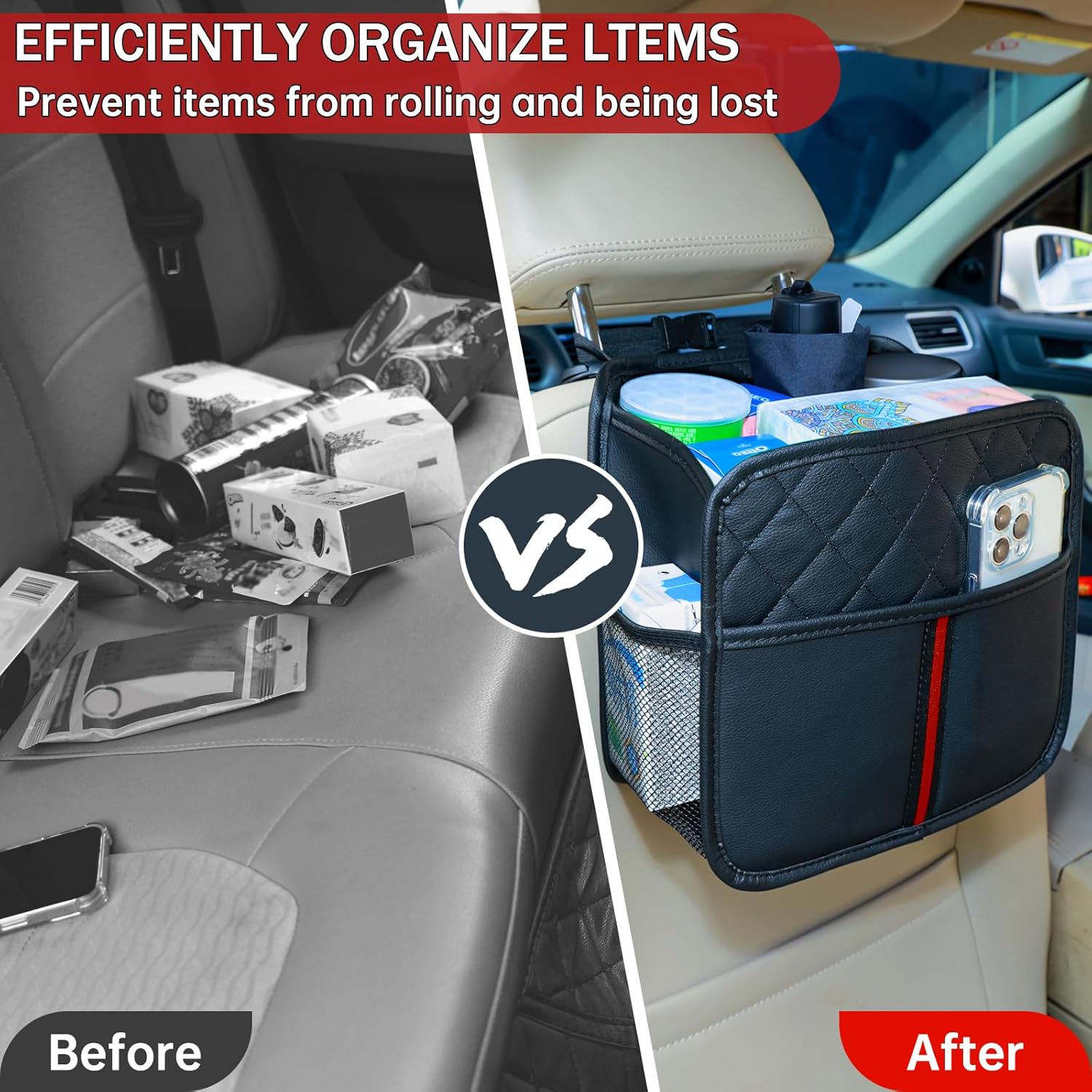 Car Seat Back Organizer with Storage Pockets, 2 Pack Multi Hanging Car Seat Organizer Backseat Car Organizer, Leather Backseat Car Organizer for Kids & Adults with Cup Holders Car Travel Accessories