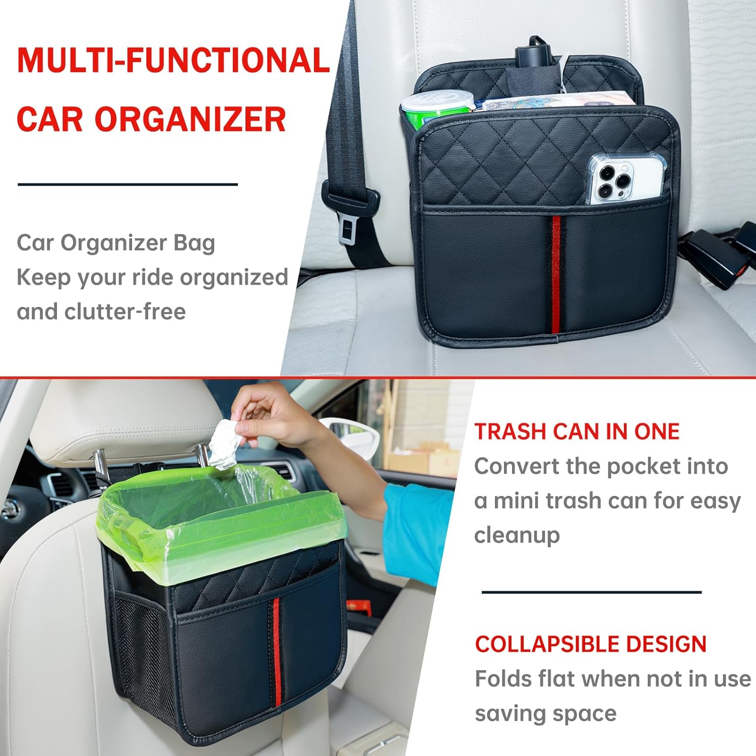 Car Seat Back Organizer with Storage Pockets, 2 Pack Multi Hanging Car Seat Organizer Backseat Car Organizer, Leather Backseat Car Organizer for Kids & Adults with Cup Holders Car Travel Accessories