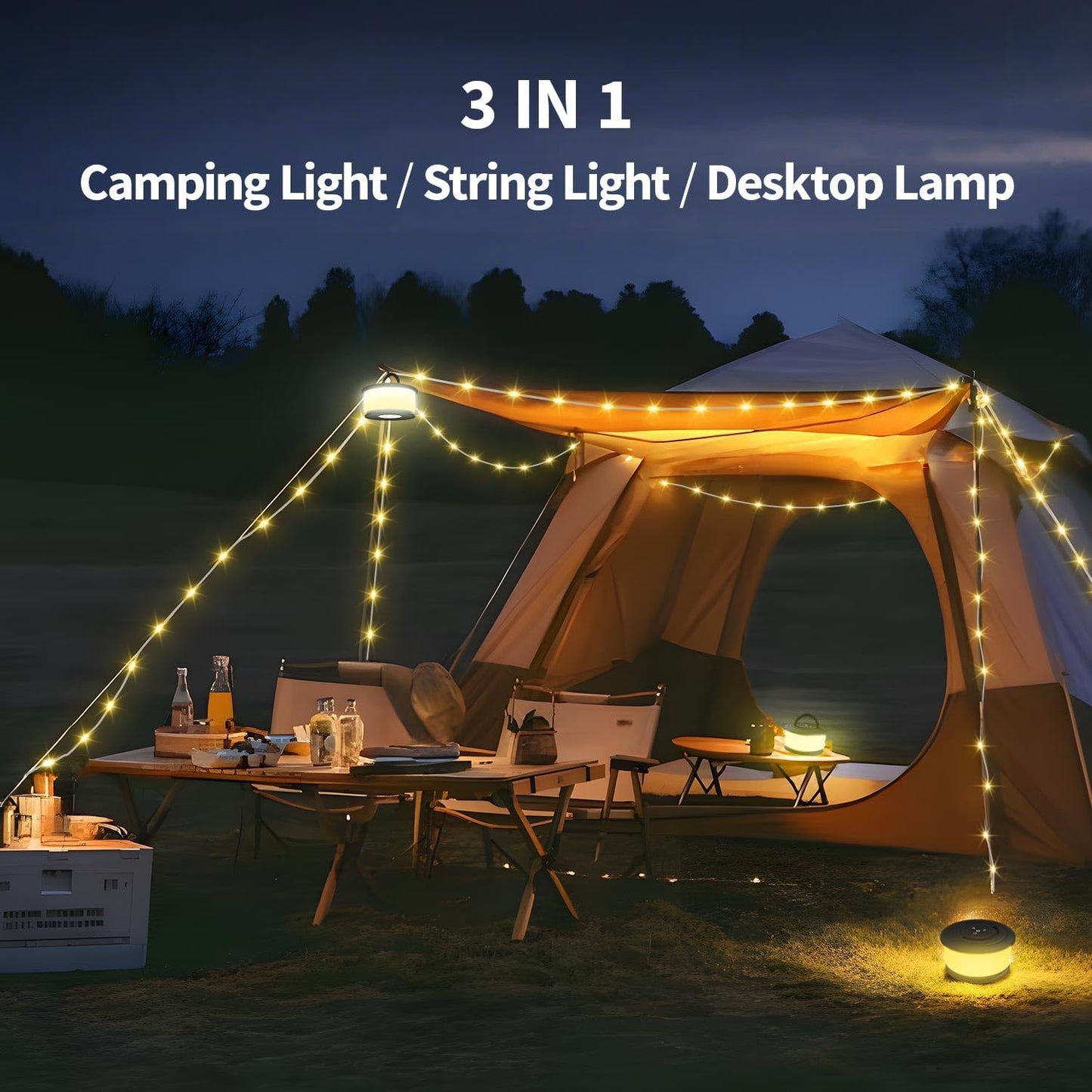 Camping String Lights,2 in 1 Upgraded 32.8FT Rechargeable Tent Lights String with 19 Lighting Modes,Quick Storage Camping Lights，Portable LED Lamp for Bedroom Yard Decor Christmas Camping(Black)