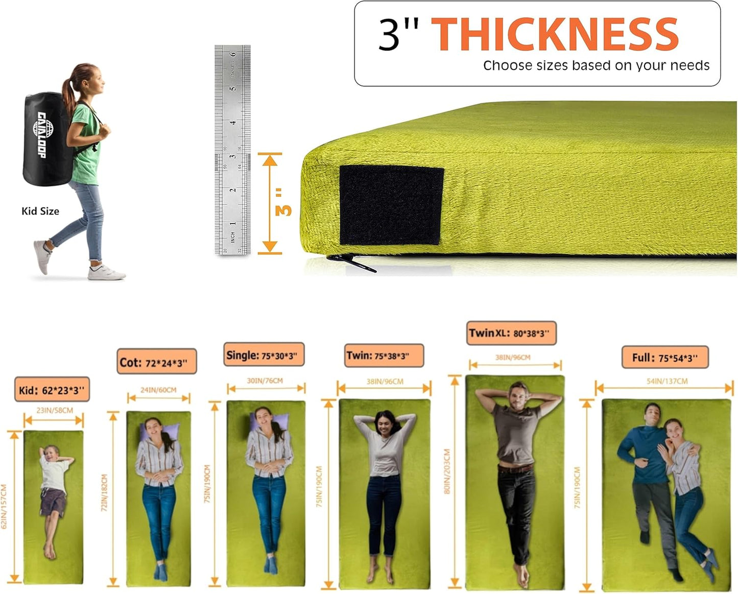 3 Inch Memory Foam Camping Mattress, Dual Layer Thick Sleeping Camp Pad for Car Tent Cot, Roll-Up Portable Glamping Floor Bed for Guests Sleepover