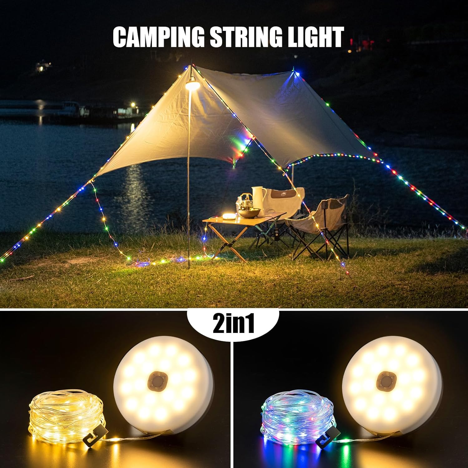 Solar Camping String Lights, 4 in 1 Camping String Lights Outdoor(39.4Ft) with 8 Lighting Modes, Solar Powered and USB Rechargeable Light with Remote Control for Camping, Yard and Hiking