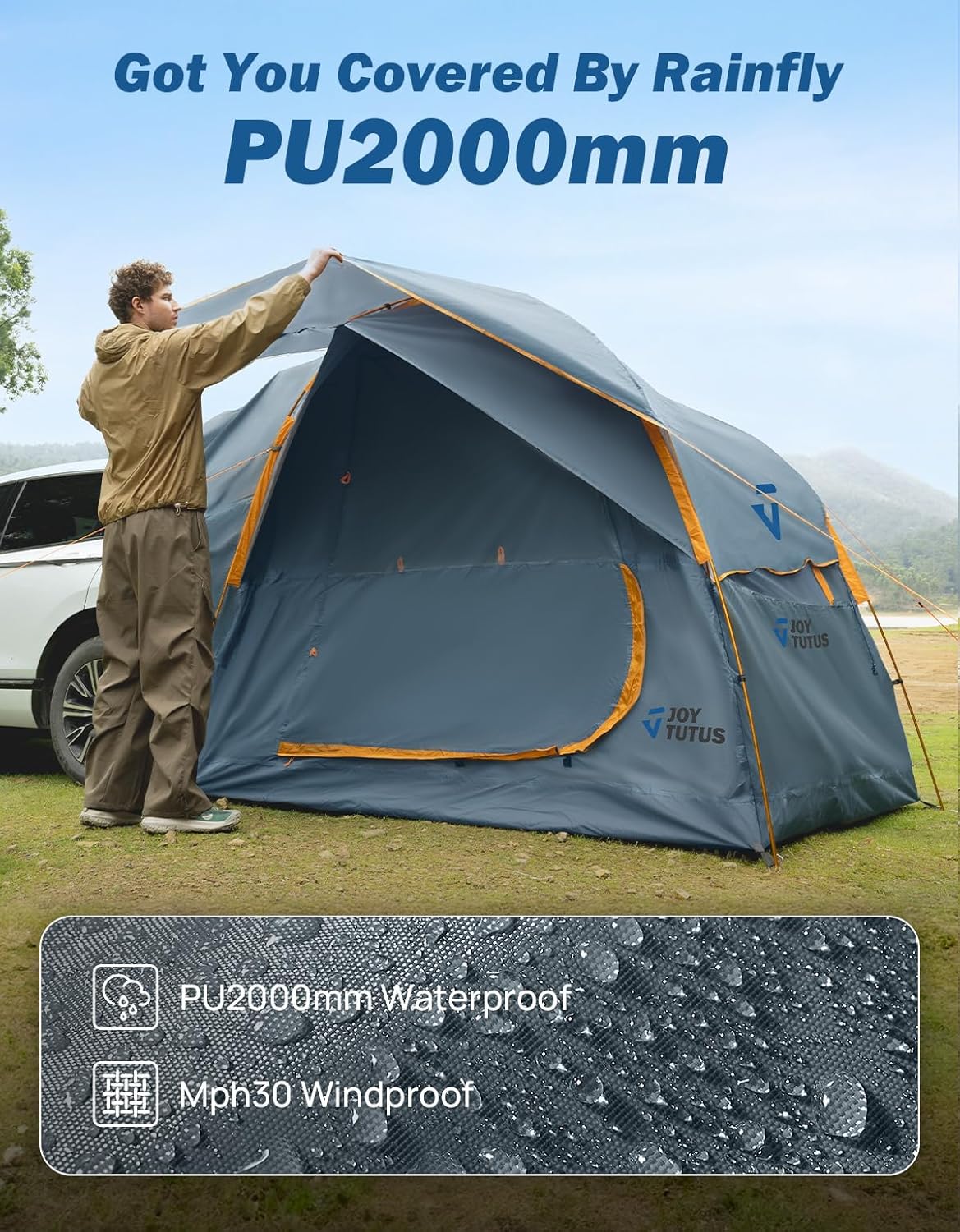 SUV Tent for Camping with Rainfly, Double Door Design Car Tent with Aluminum Poles, SUV Tailgate Tent with Waterproof Pu2000Mm Double Layer for 4-8 Person, Orange