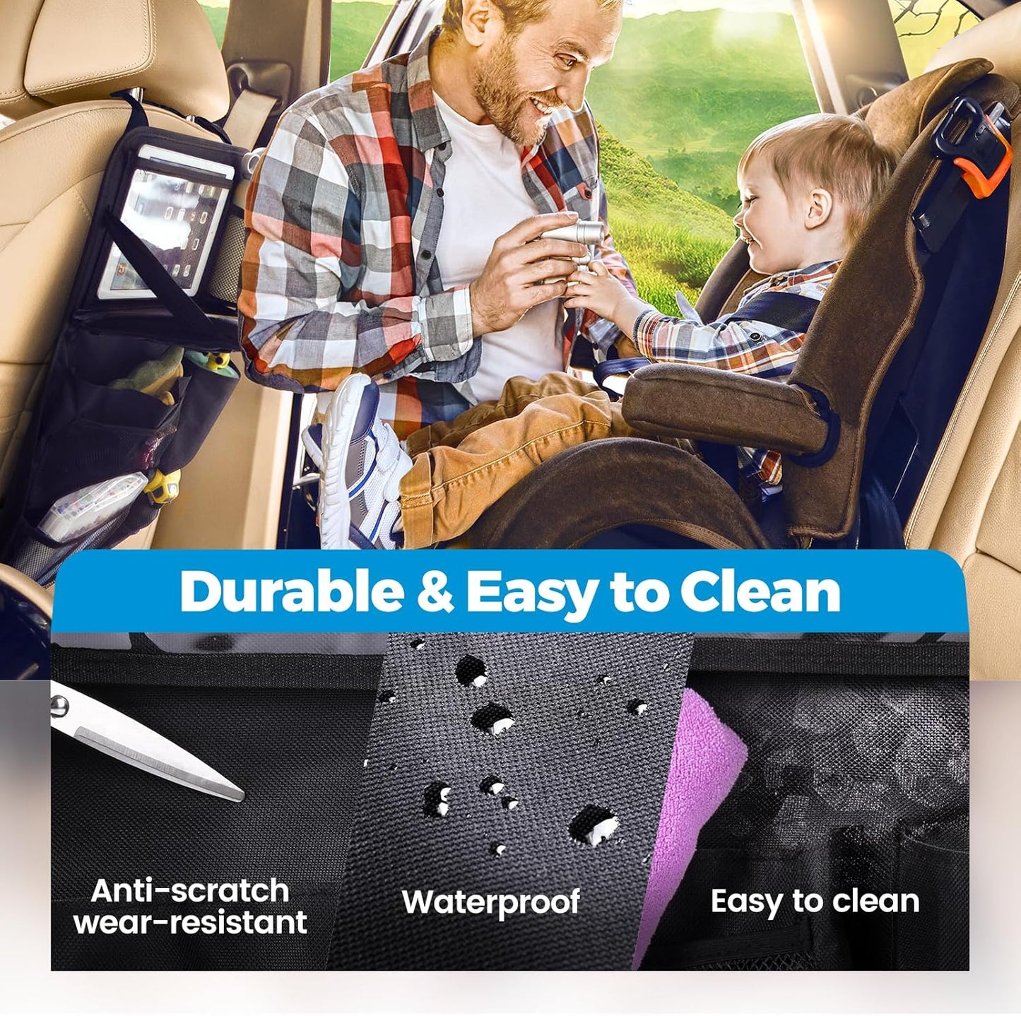 Backseat Car Organizer with Foldable Tray, 9 Pockets, Kick Mat Seat Protector, 18KG Capacity, Waterproof Oxford Fabric for Kids, Family Travel - for Car, SUV, Van (Oxford-2Pck)