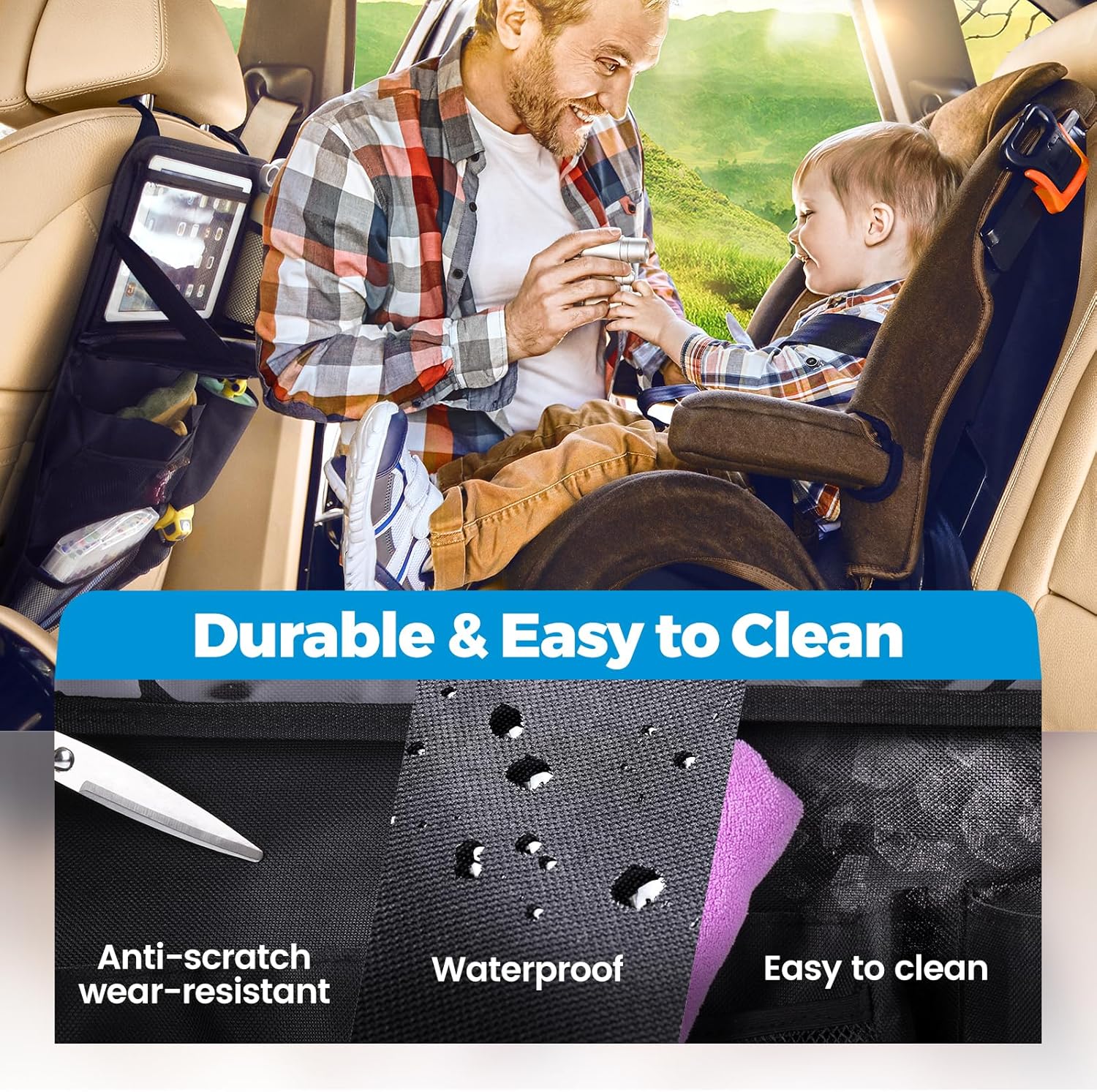 Backseat Car Organizer with Foldable Tray, 9 Pockets, Kick Mat Seat Protector, 18KG Capacity, Waterproof Oxford Fabric for Kids, Family Travel - for Car, SUV, Van (Oxford-2Pck)