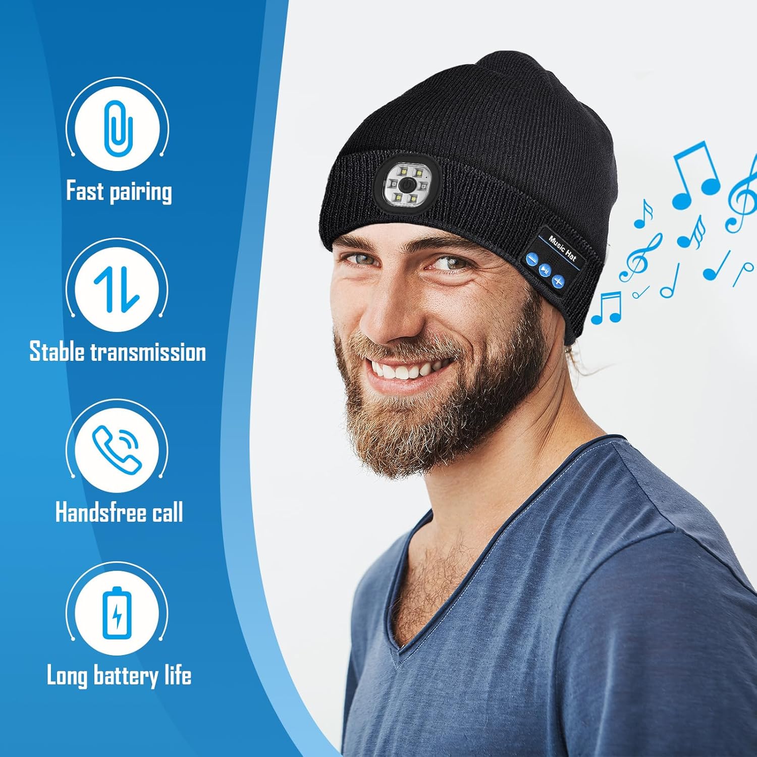 Stocking Stuffers Gifts for Men, LED Bluetooth Beanie Hat, Christmas Birthday Gifts for Men Dad Him Husband Grandpa, White Elephant Gifts for Adults, Camping Hiking Accessories Cool Gadgets