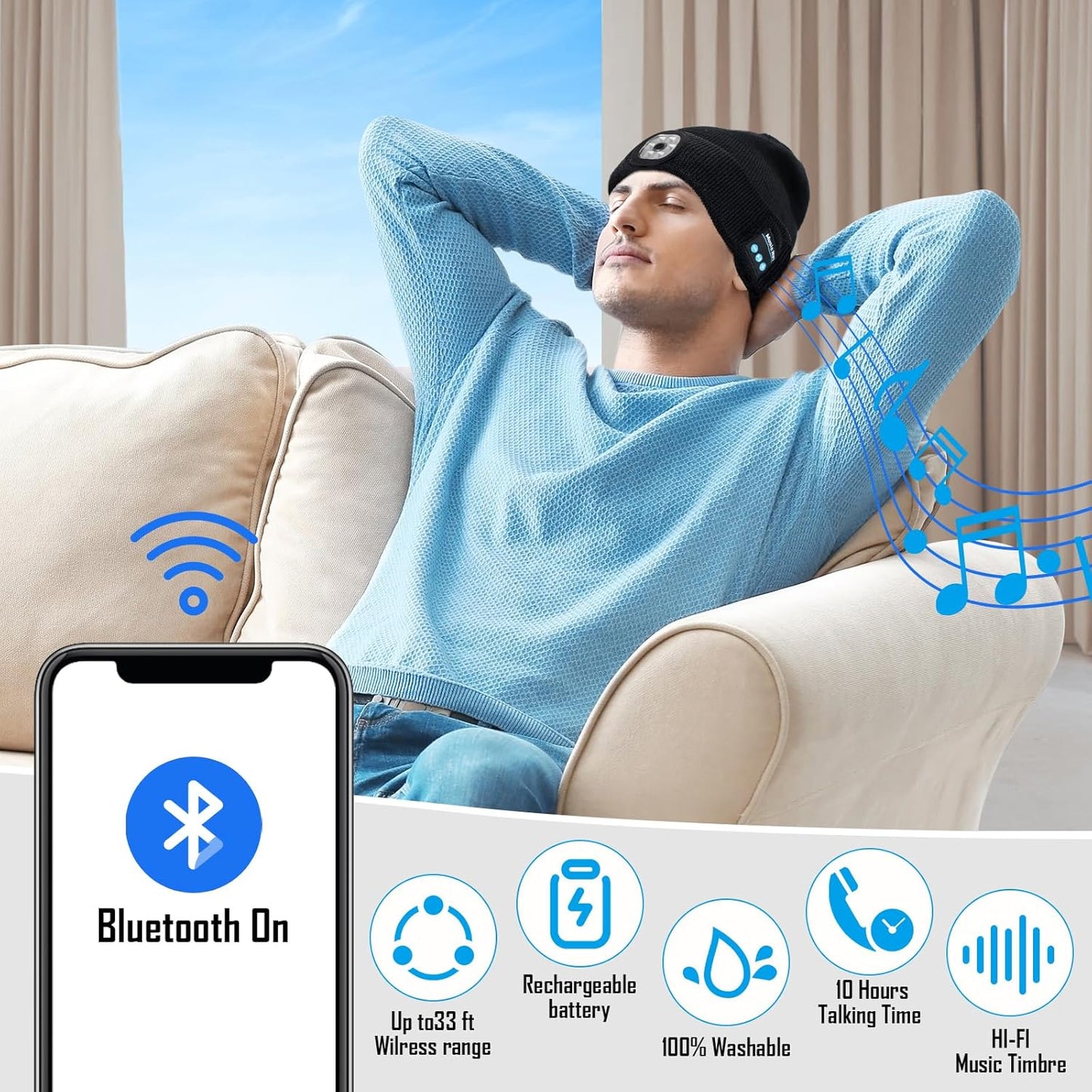 Stocking Stuffers Gifts for Men, LED Bluetooth Beanie Hat, Christmas Birthday Gifts for Men Dad Him Husband Grandpa, White Elephant Gifts for Adults, Camping Hiking Accessories Cool Gadgets