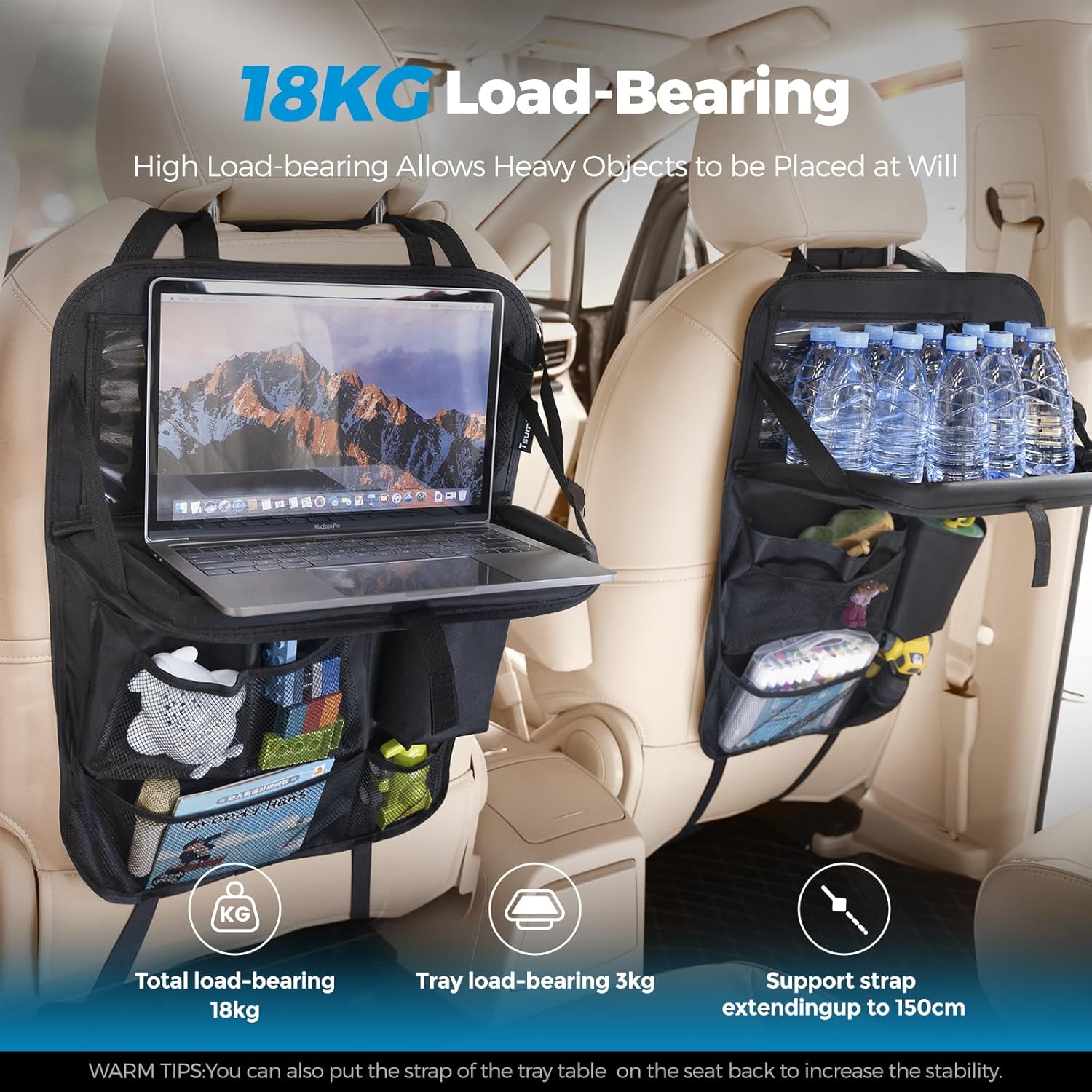 Backseat Car Organizer with Foldable Tray, 9 Pockets, Kick Mat Seat Protector, 18KG Capacity, Waterproof Oxford Fabric for Kids, Family Travel - for Car, SUV, Van (Oxford-2Pck)