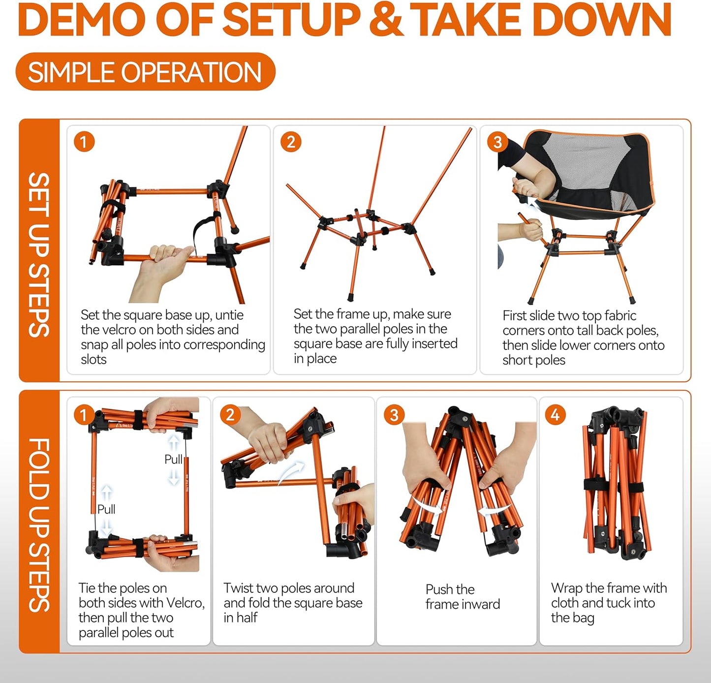 Ultralight Folding Camping Chair, Heavy Duty Portable Compact for Outdoor Camp, Travel, Beach, Picnic, Festival, Hiking, Lightweight Backpacking (Orange)