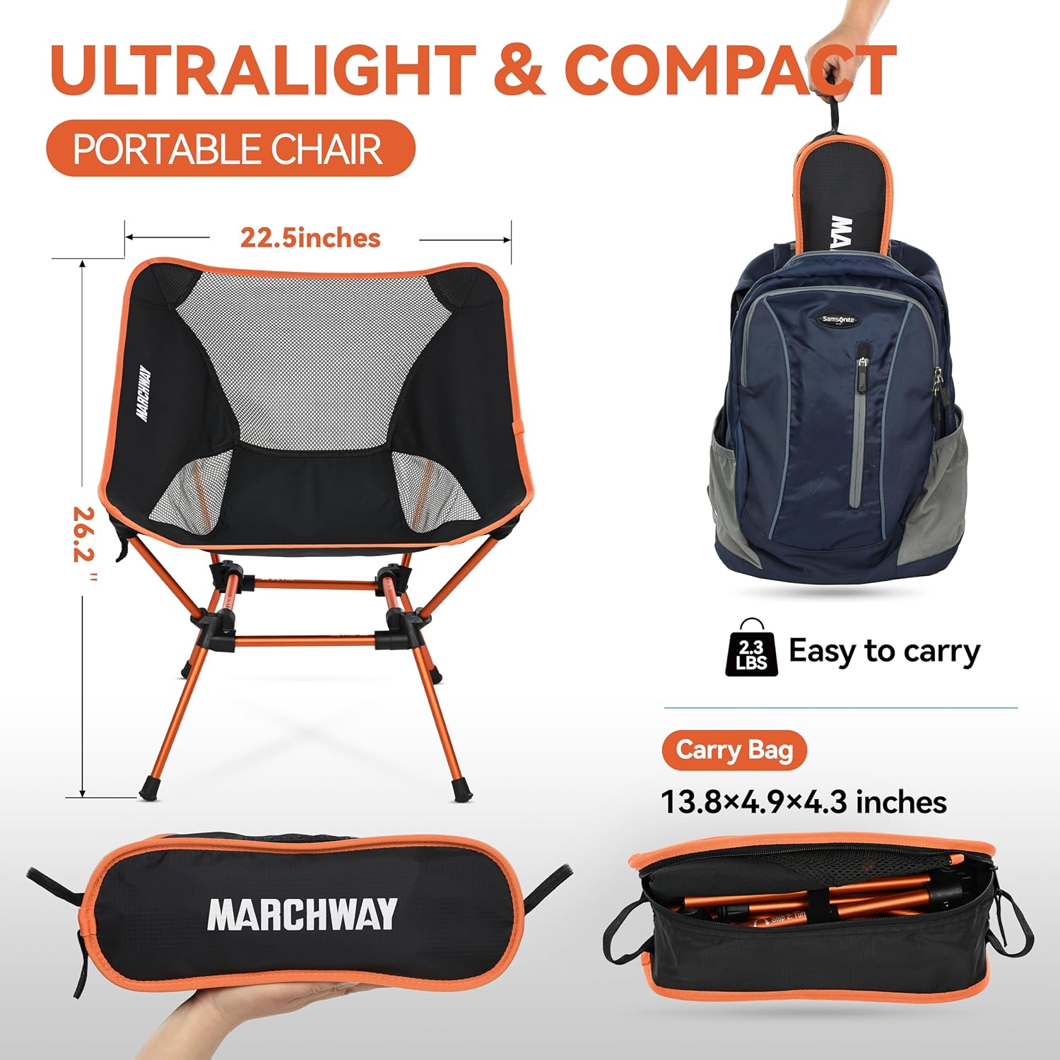 Ultralight Folding Camping Chair, Heavy Duty Portable Compact for Outdoor Camp, Travel, Beach, Picnic, Festival, Hiking, Lightweight Backpacking (Orange)