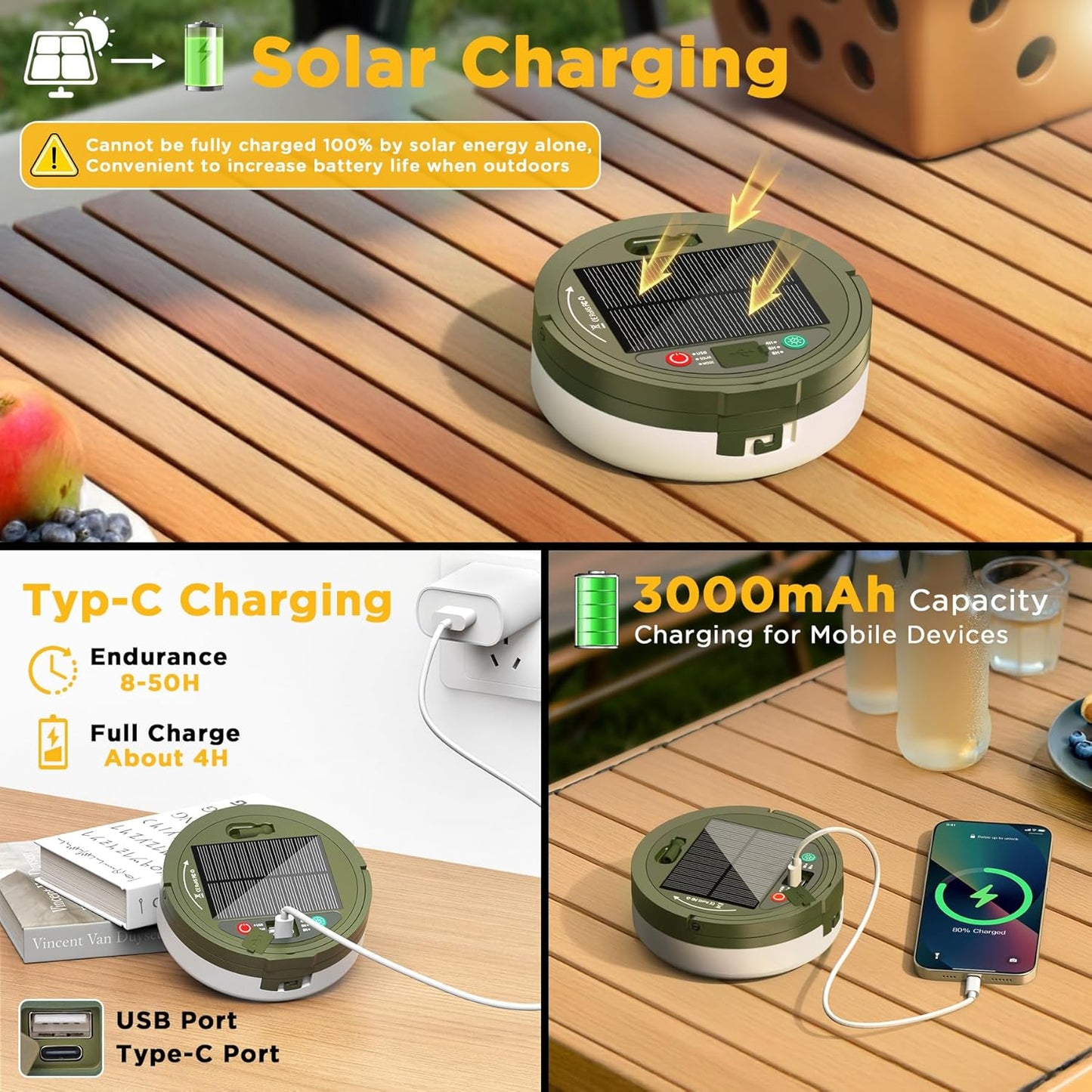 Solar Camping String Lights, 33FT 3000Mah Retractable 4 in 1 Camp Lights with 8 Modes, Portable Rechargeable Camp Lamp, Camping Lamp Outdoor Waterproof, Tent Light for Party, Yard, Hiking