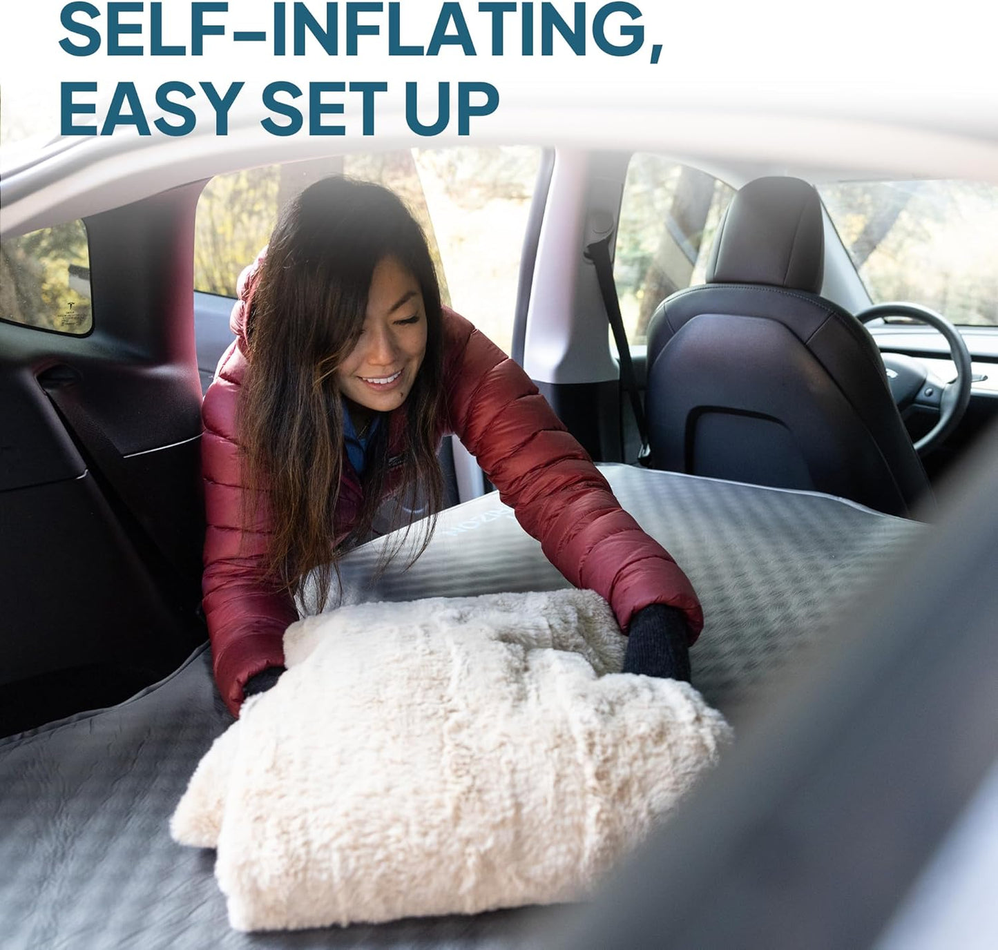 Camping Air Mattress with Foam for Tesla, Self Inflating Sleeping Pad with Air Pump, 4.5" Thick, R-Value 13, Model Y