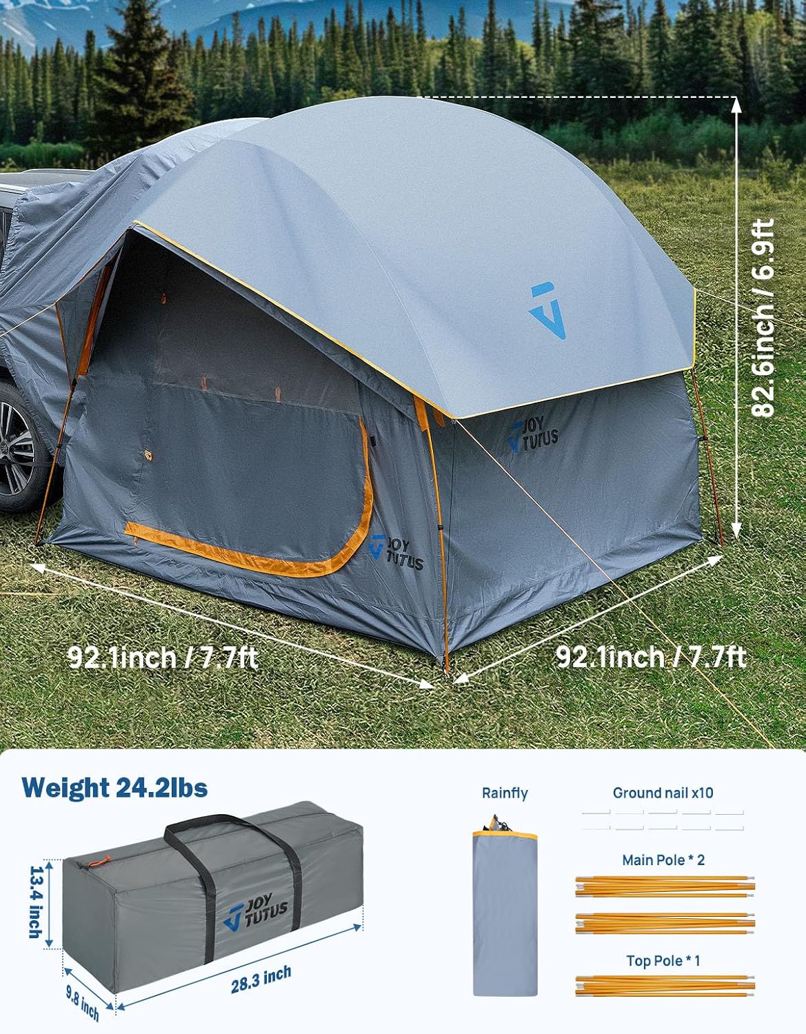 SUV Tent for Camping with Rainfly, Double Door Design Car Tent with Aluminum Poles, SUV Tailgate Tent with Waterproof Pu2000Mm Double Layer for 4-8 Person, Orange