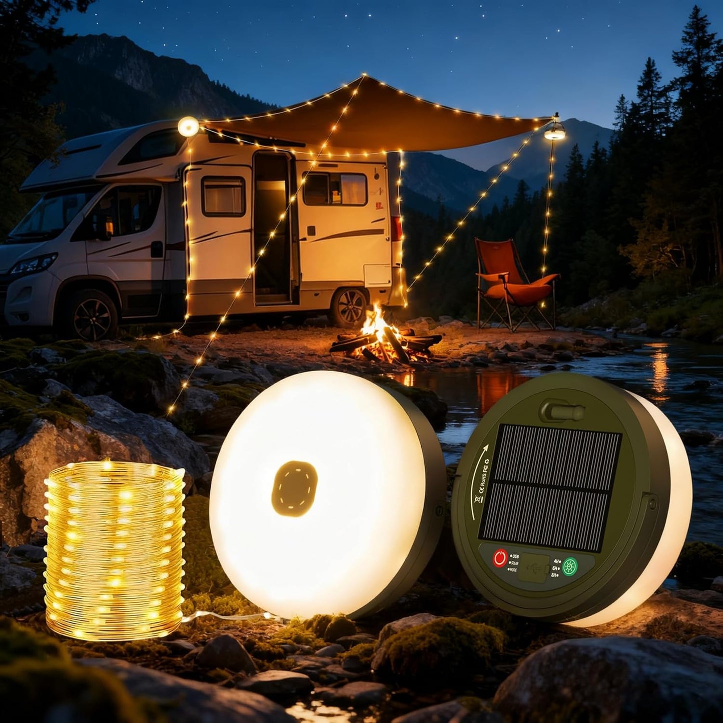 Solar Camping String Lights, 33FT 3000Mah Retractable 4 in 1 Camp Lights with 8 Modes, Portable Rechargeable Camp Lamp, Camping Lamp Outdoor Waterproof, Tent Light for Party, Yard, Hiking