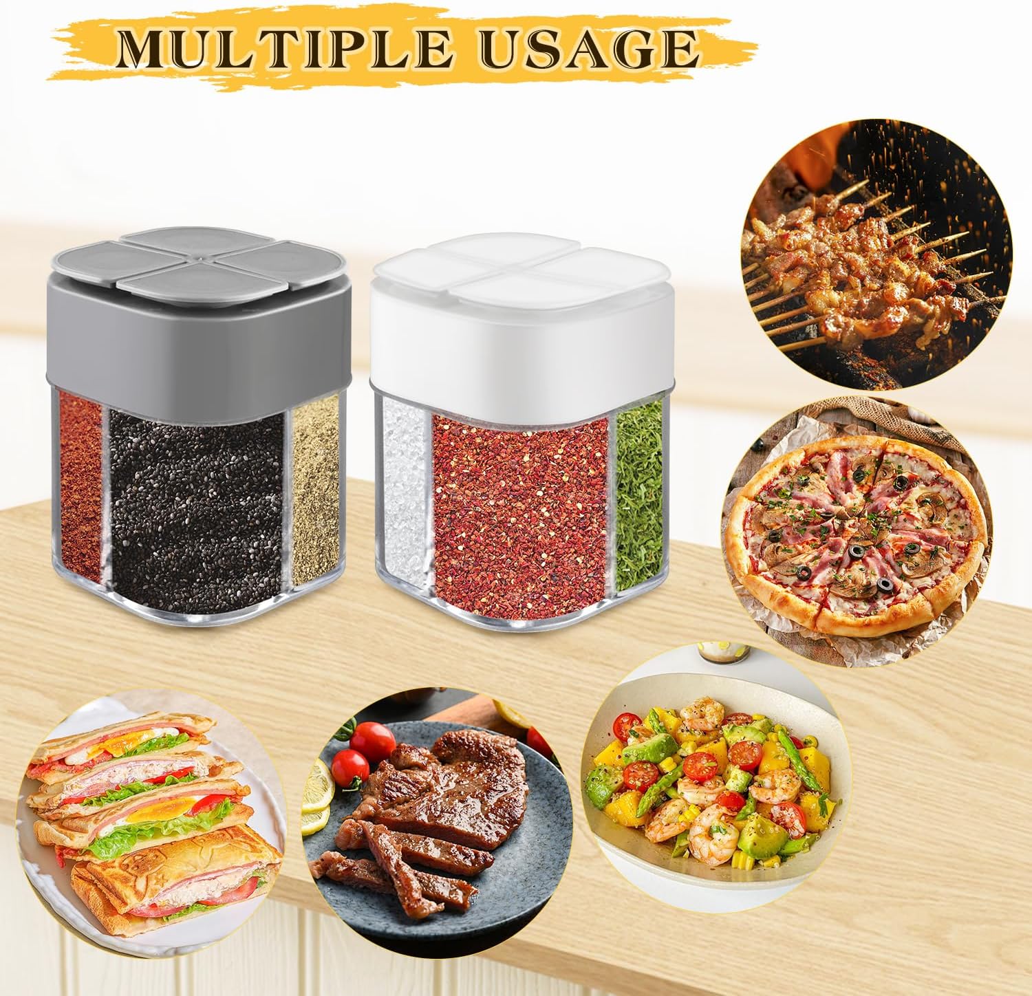 6 Pcs Plastic Salt Pepper Shaker 4 in 1 Spice Container Transparent Seasoning Shaker Dispenser Jar for Home Restaurant Kitchen Cooking Steak BBQ Camping Travel