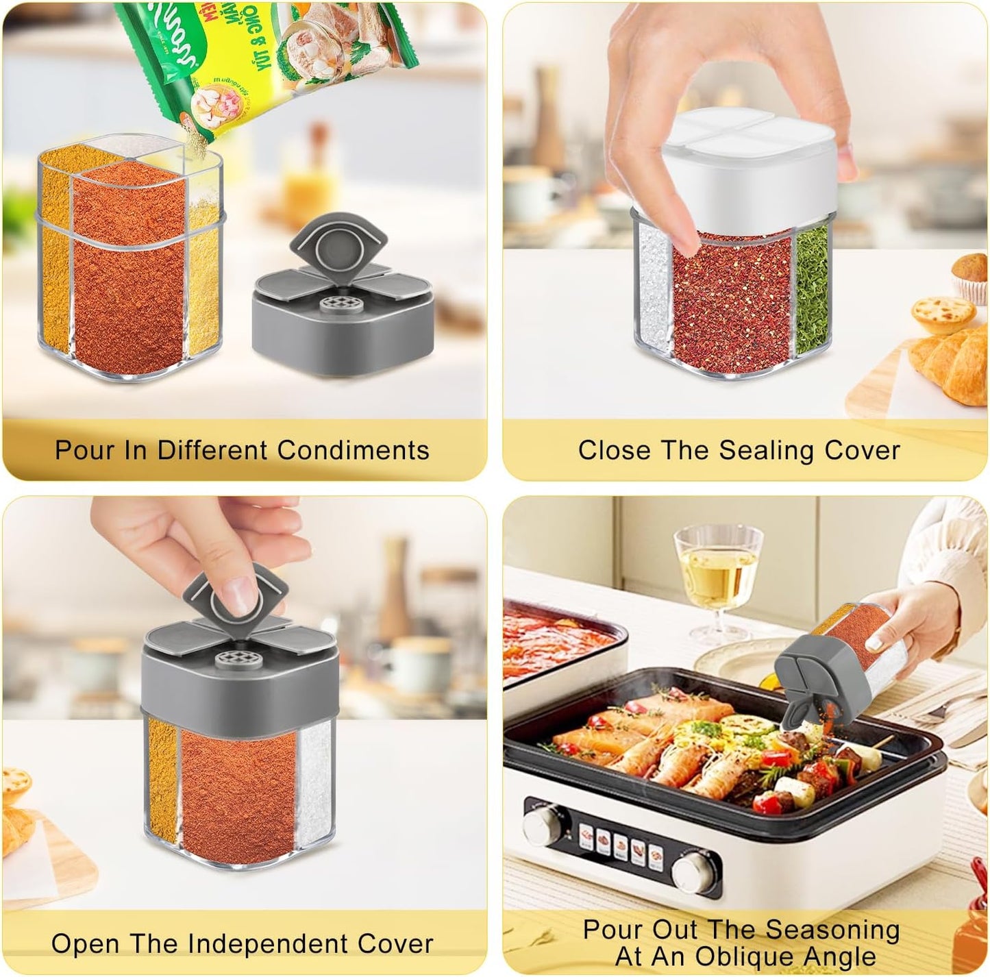 6 Pcs Plastic Salt Pepper Shaker 4 in 1 Spice Container Transparent Seasoning Shaker Dispenser Jar for Home Restaurant Kitchen Cooking Steak BBQ Camping Travel