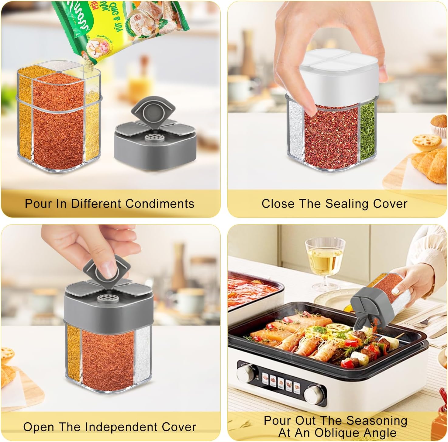 6 Pcs Plastic Salt Pepper Shaker 4 in 1 Spice Container Transparent Seasoning Shaker Dispenser Jar for Home Restaurant Kitchen Cooking Steak BBQ Camping Travel