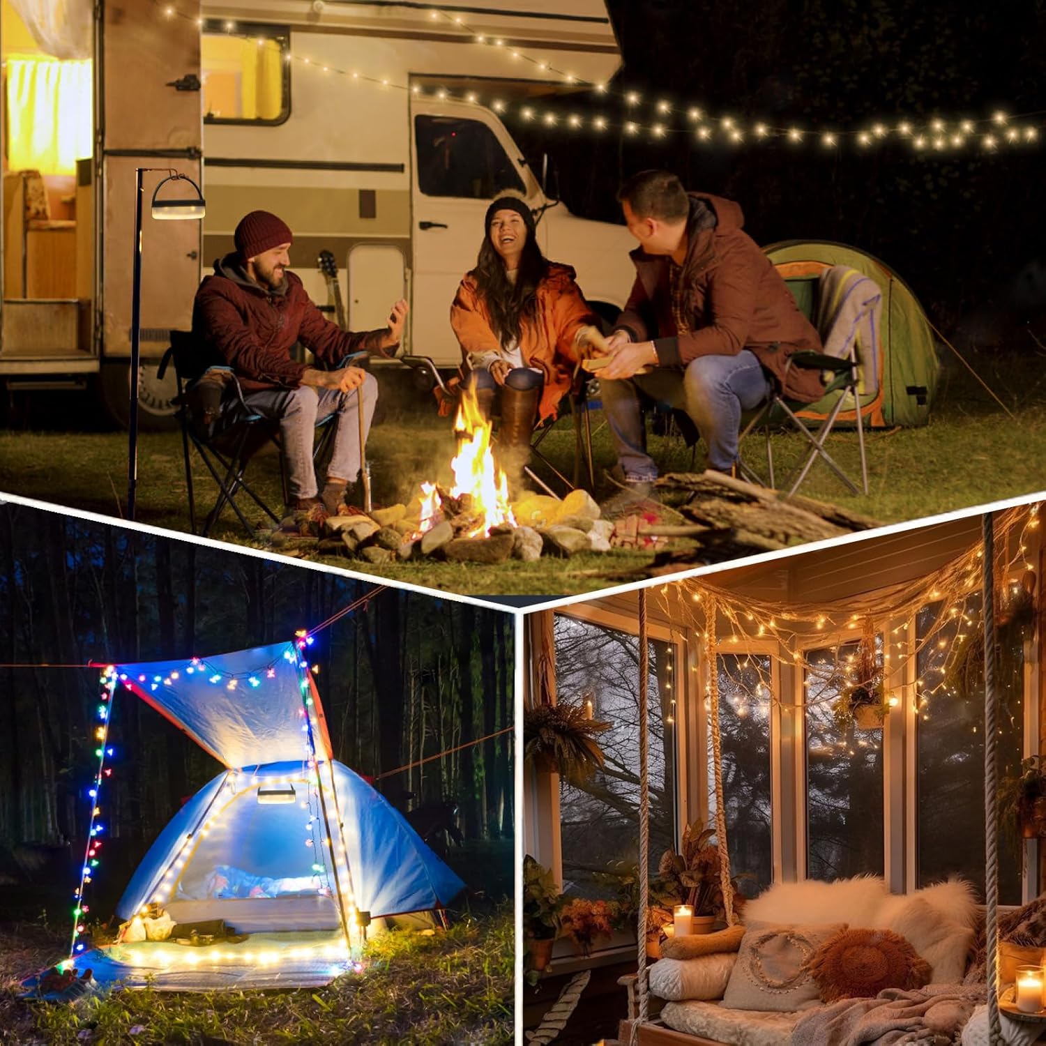 Solar Camping String Lights, 4 in 1 Camping String Lights Outdoor(39.4Ft) with 8 Lighting Modes, Solar Powered and USB Rechargeable Light with Remote Control for Camping, Yard and Hiking