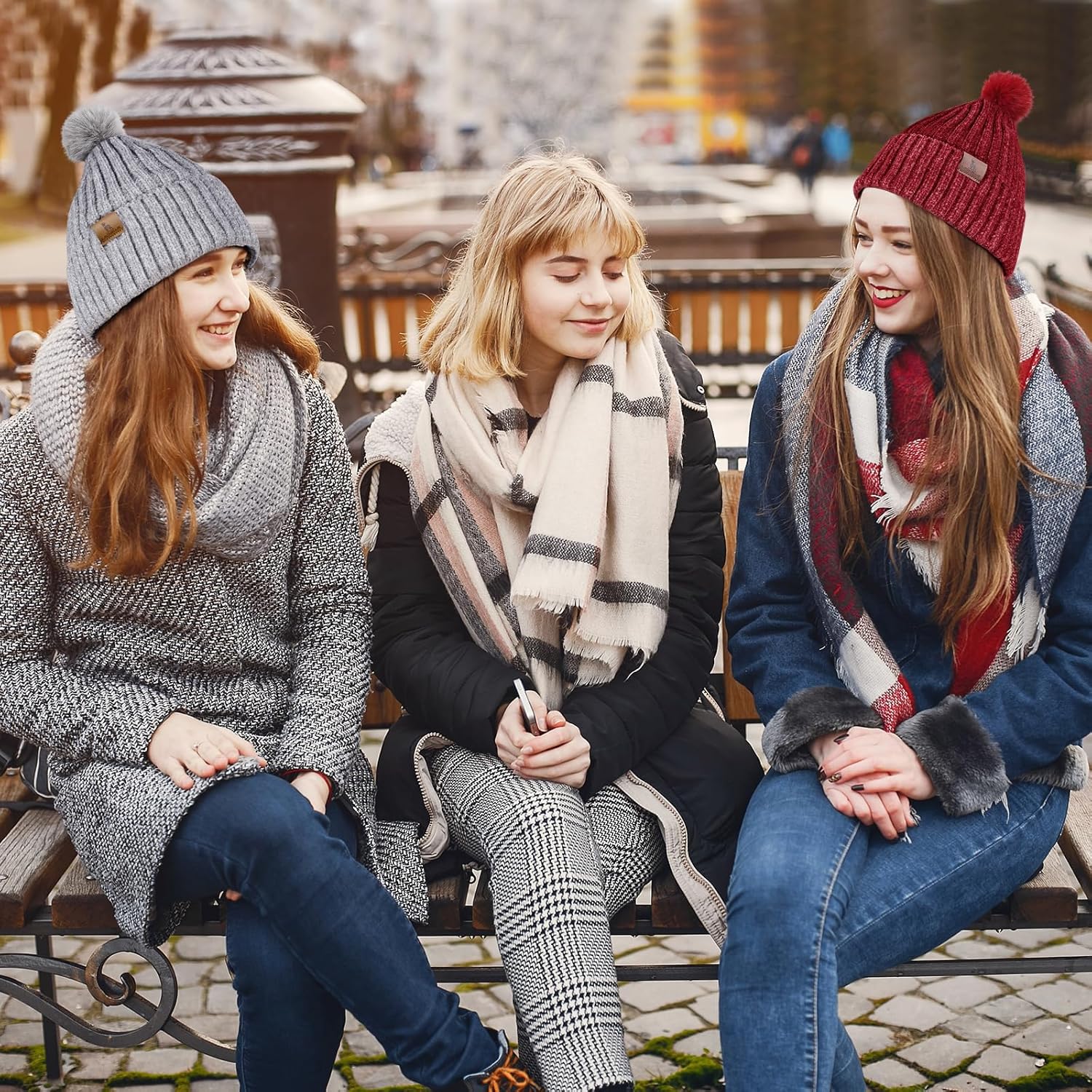 Womens Winter Beanie Hat Scarf Touchscreen Gloves Set Knit Warm Skull Caps Long Neck Scarves for Women Men