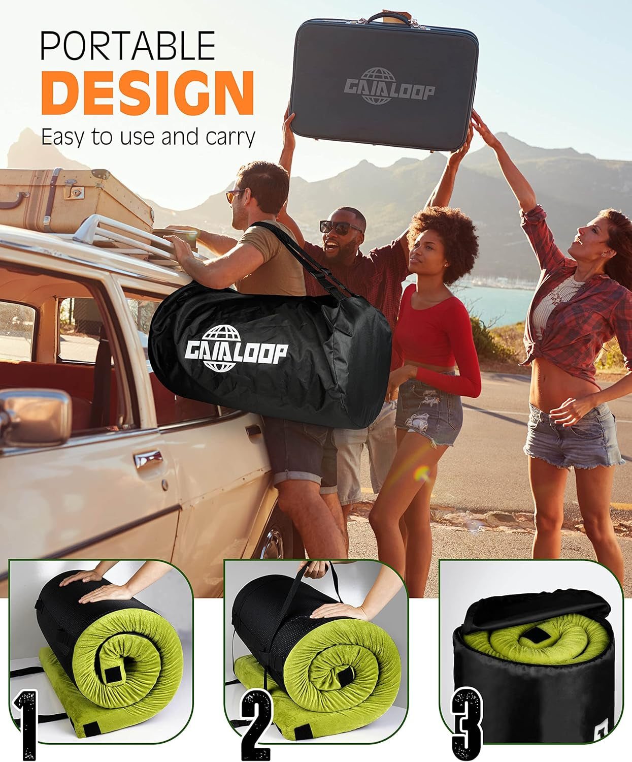 3 Inch Memory Foam Camping Mattress, Dual Layer Thick Sleeping Camp Pad for Car Tent Cot, Roll-Up Portable Glamping Floor Bed for Guests Sleepover