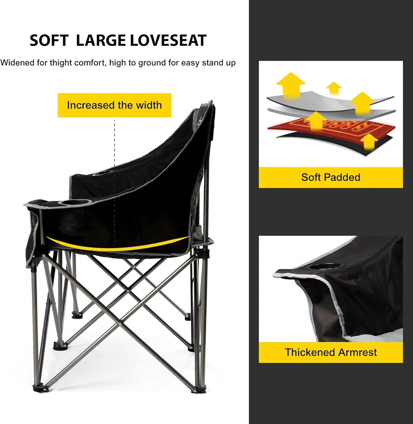 Oversized Fully Padded Camping Chair Folding Loveseat Camping Couch Double Duo Chair Heavy Duty Quad Fold Arm Chair with Cup Hold - Supports 650 LBS Black