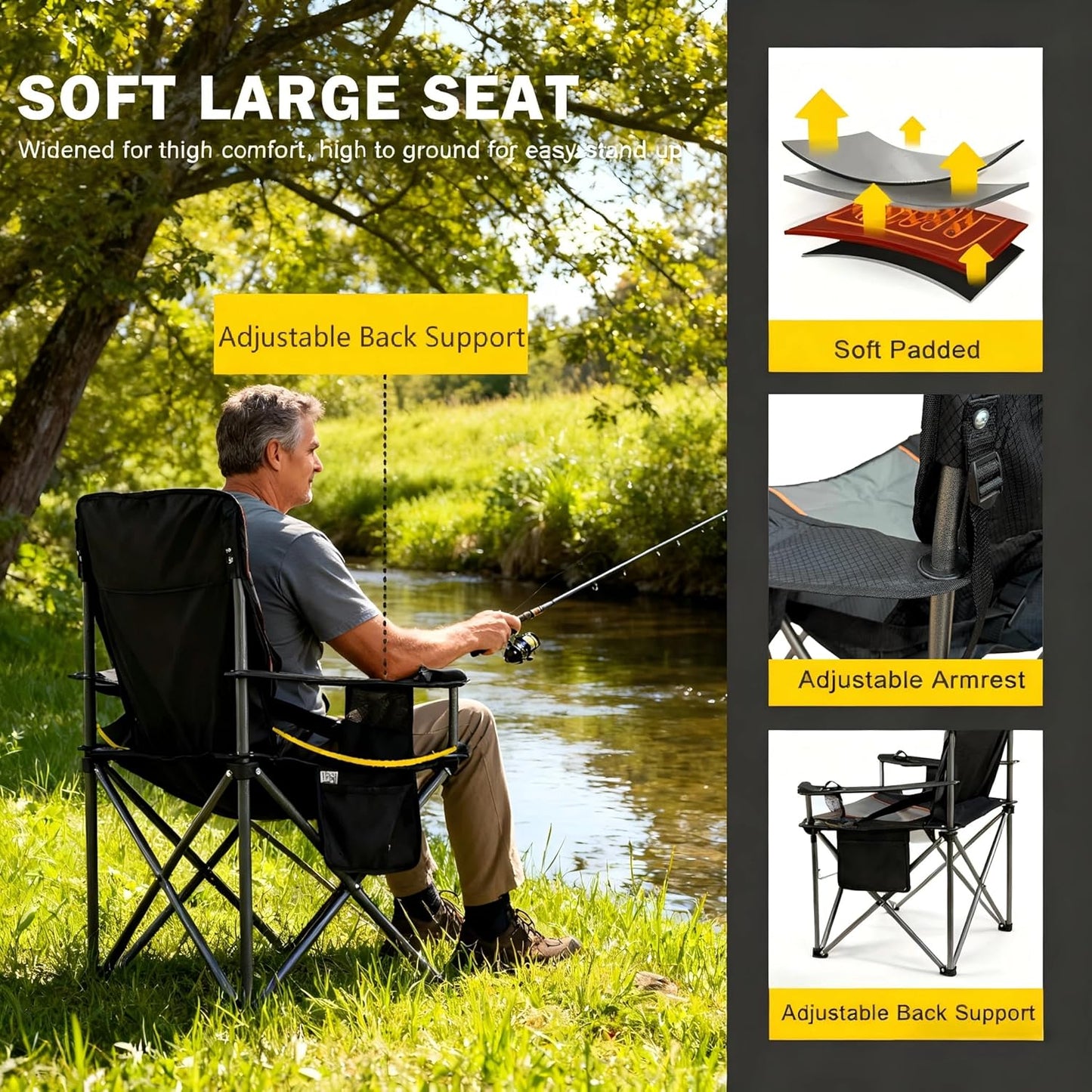Oversized Fully Padded Camping Chair for Heavy People with Lumbar Support, Heavy Duty Quad Fold Chair with Cooler Bag, Support 450 LBS, Black