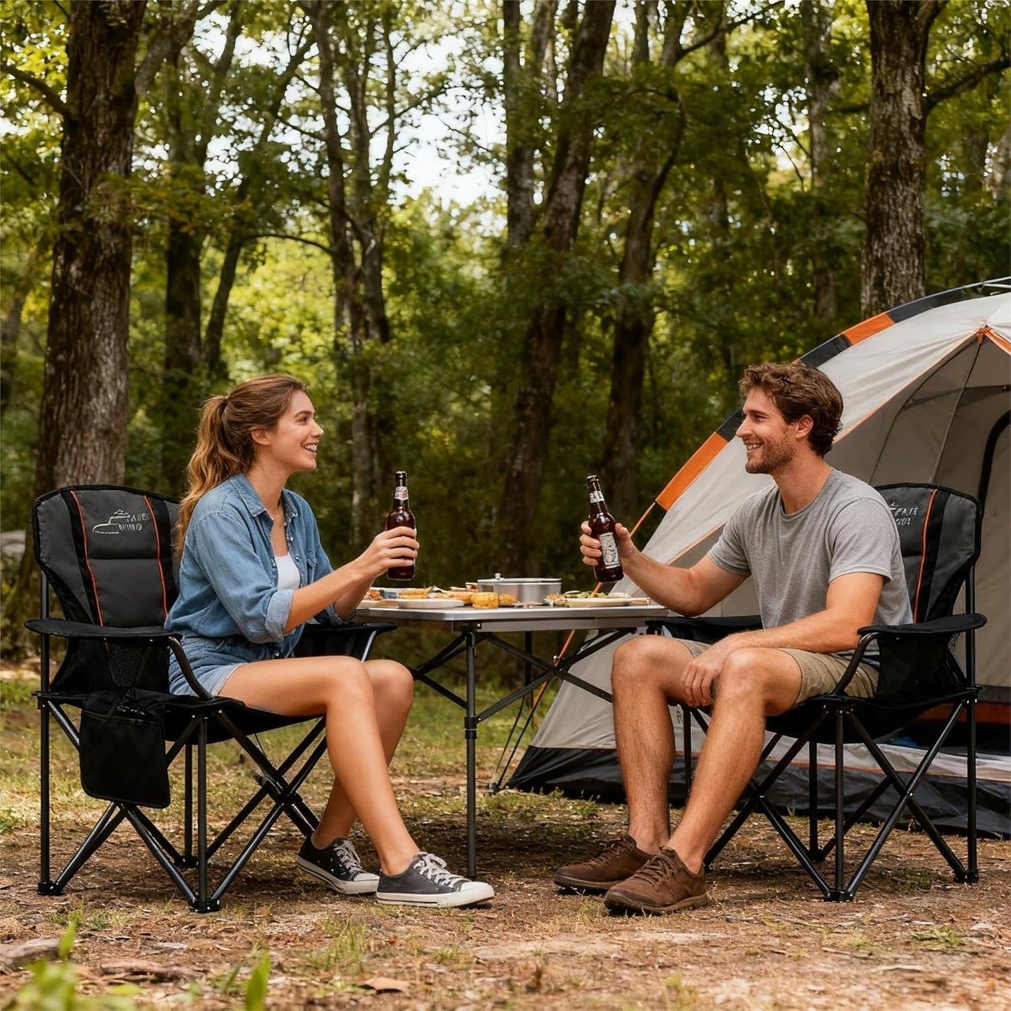 Oversized Fully Padded Camping Chair for Heavy People with Lumbar Support, Heavy Duty Quad Fold Chair with Cooler Bag, Support 450 LBS, Black